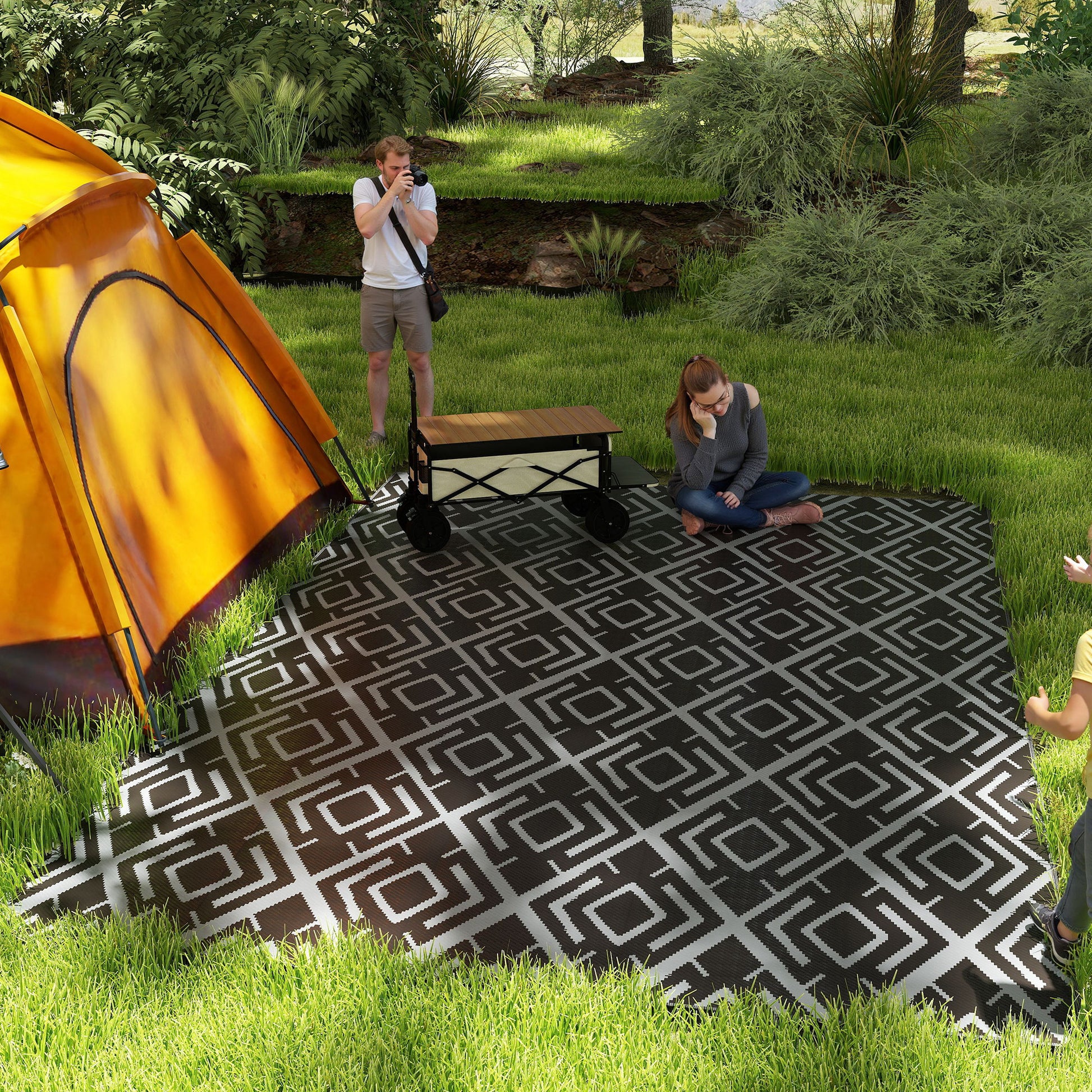 Outsunny Alfombra de Exterior 182x274 cm Alfombra Reversible con Patrón Geométrico de Rombos Impermeable Bolsa de Transporte para Terraza Balcón Patio Camping Playa Negro