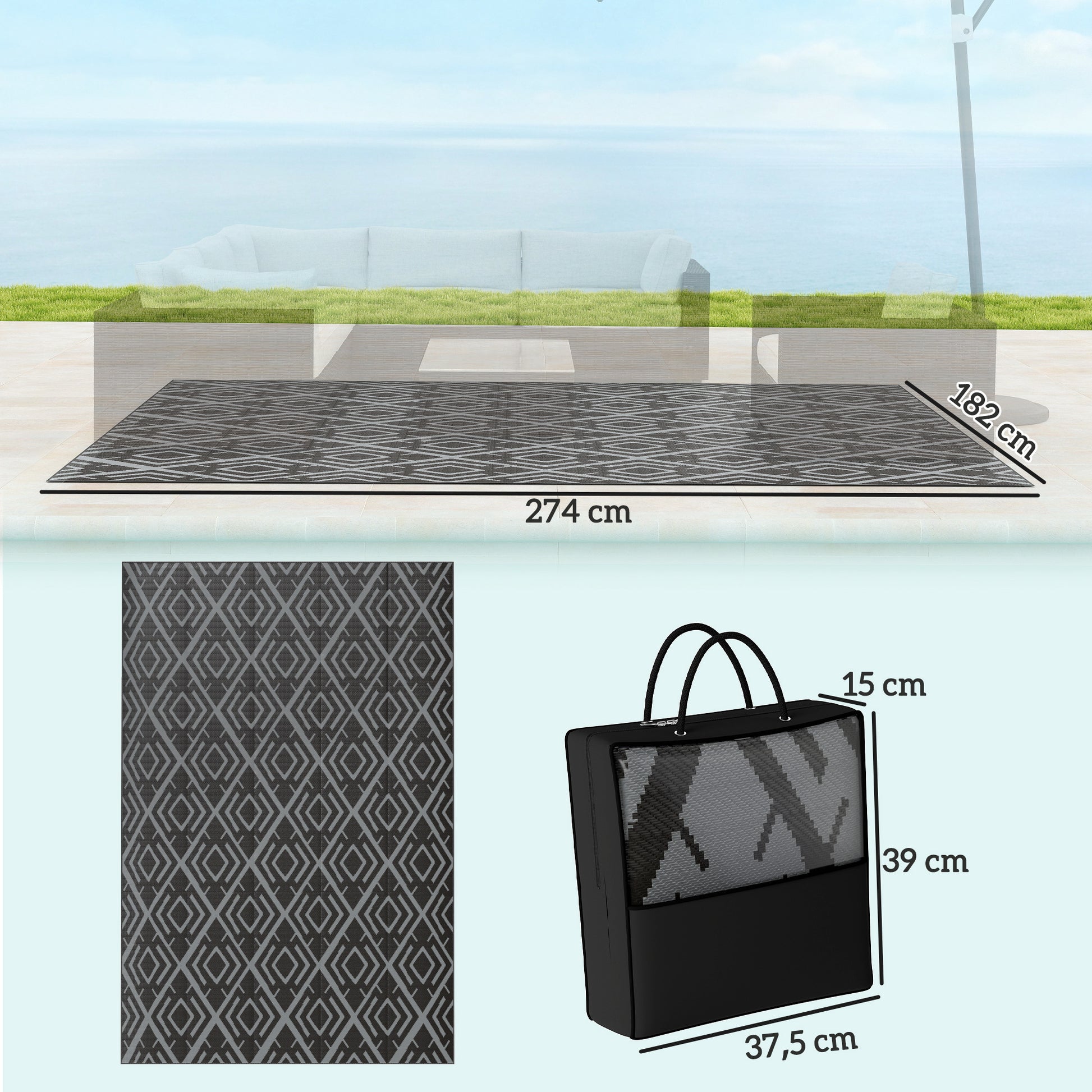 Outsunny Alfombra de Exterior 182x274 cm Alfombra Reversible con Patrón Geométrico de Rombos Impermeable Bolsa de Transporte para Terraza Balcón Patio Camping Playa Negro
