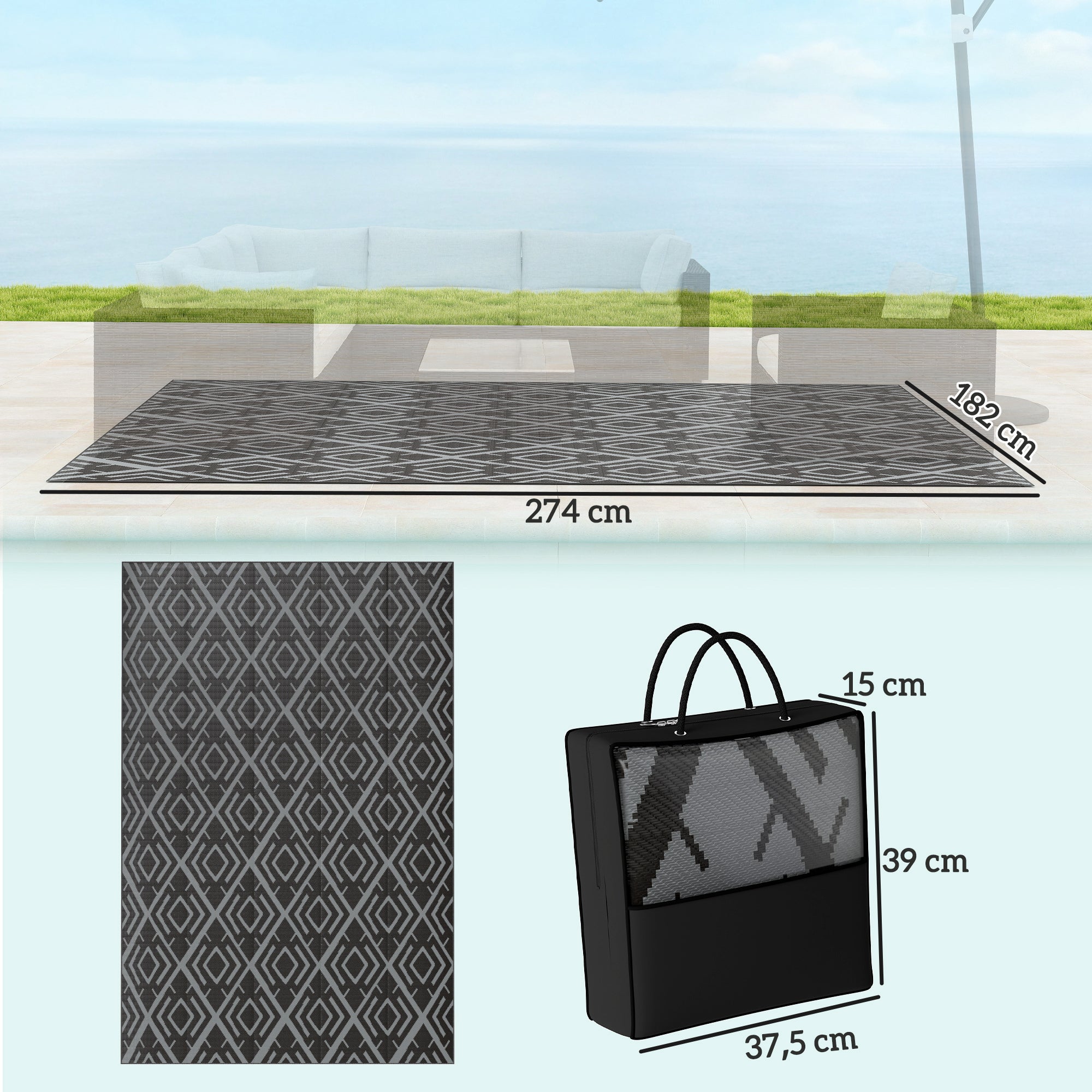 Outsunny Alfombra de Exterior 182x274 cm Alfombra Reversible con Patrón Geométrico de Rombos Impermeable Bolsa de Transporte para Terraza Balcón Patio Camping Playa Negro