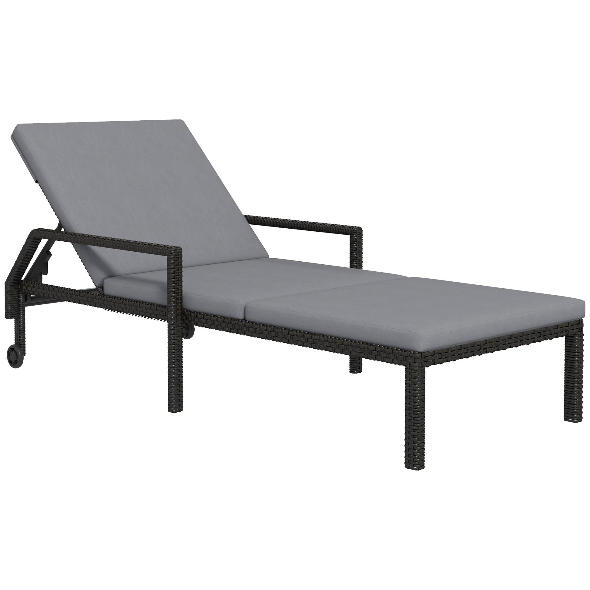 Outsunny Tumbona de Ratán Chaise Longue de Jardín con Respaldo Ajustable en 5 Posiciones Cojín Acolchado y 2 Ruedas Carga 120 kg 73x200x48 cm Gris Claro y Negro