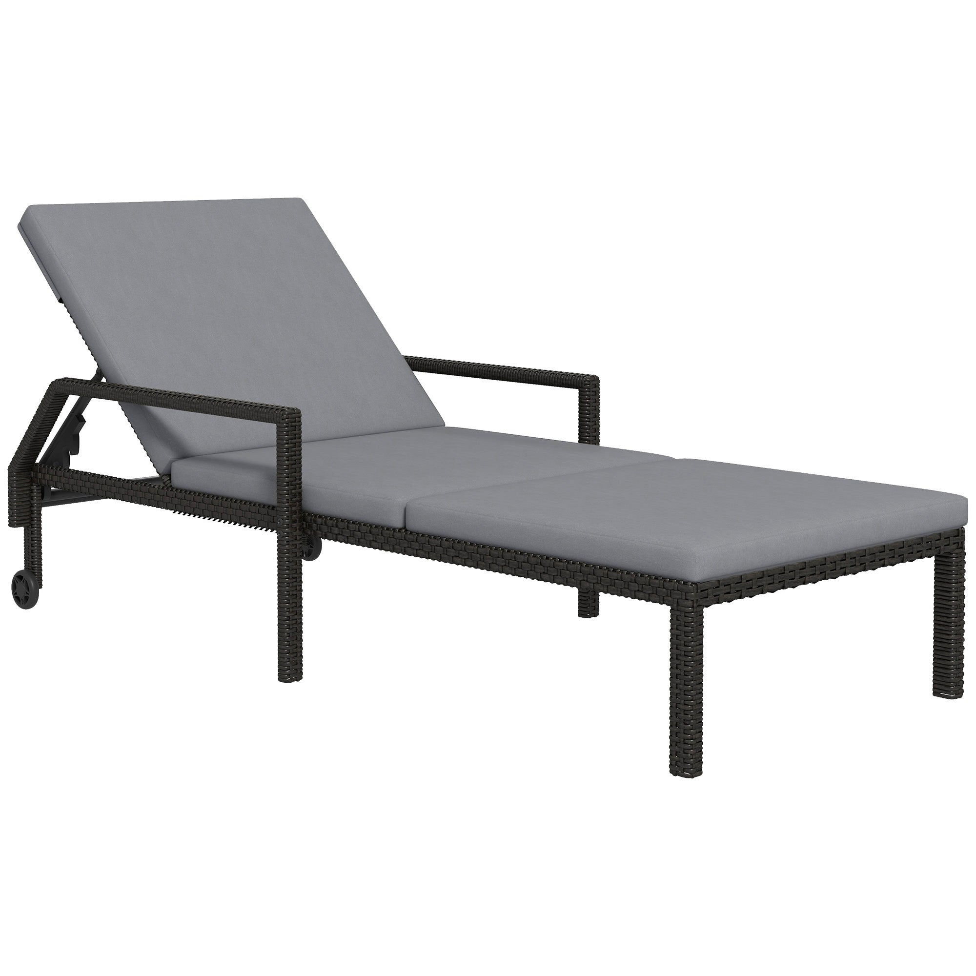 Outsunny Tumbona de Ratán Chaise Longue de Jardín con Respaldo Ajustable en 5 Posiciones Cojín Acolchado y 2 Ruedas Carga 120 kg 73x200x48 cm Gris Claro y Negro