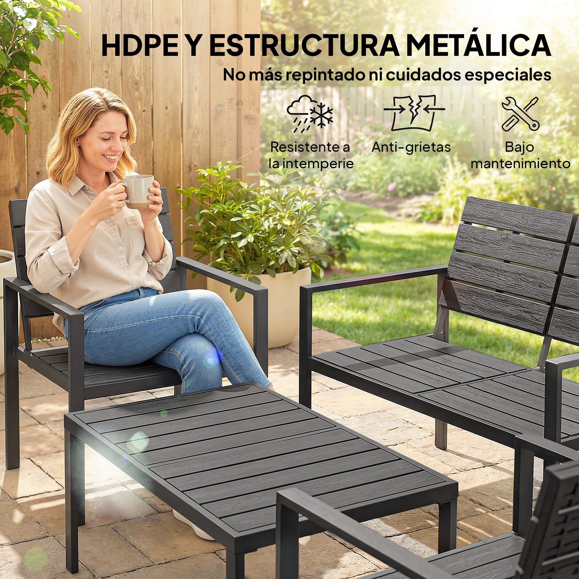 Outsunny Conjunto de Muebles de Jardín para 4 Personas, Sofá de Jardín de 4 Piezas con Sofá de 2 Plazas, 2 Sillones, Mesa de Centro, Estructura Metálica, Negro