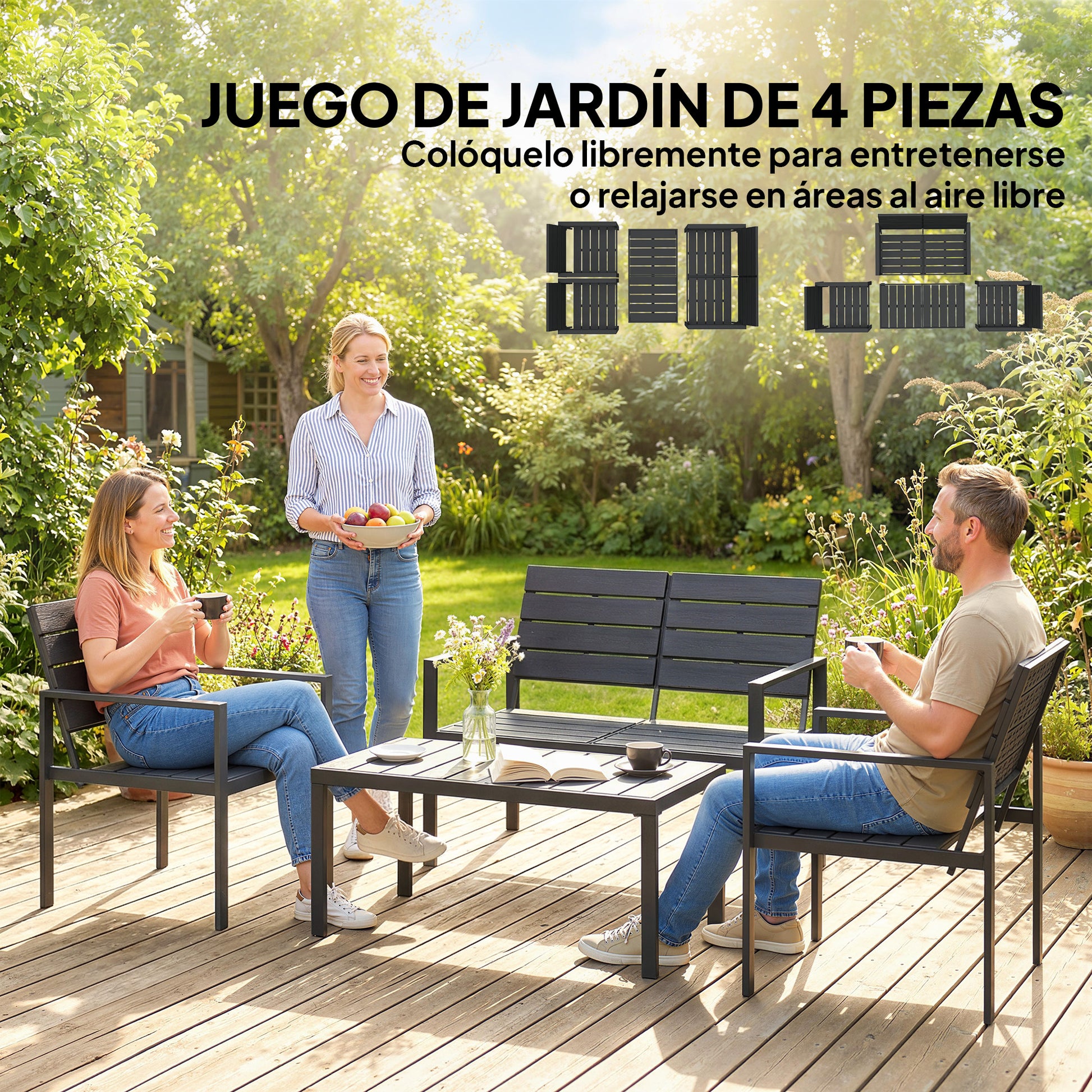 Outsunny Conjunto de Muebles de Jardín para 4 Personas, Sofá de Jardín de 4 Piezas con Sofá de 2 Plazas, 2 Sillones, Mesa de Centro, Estructura Metálica, Negro