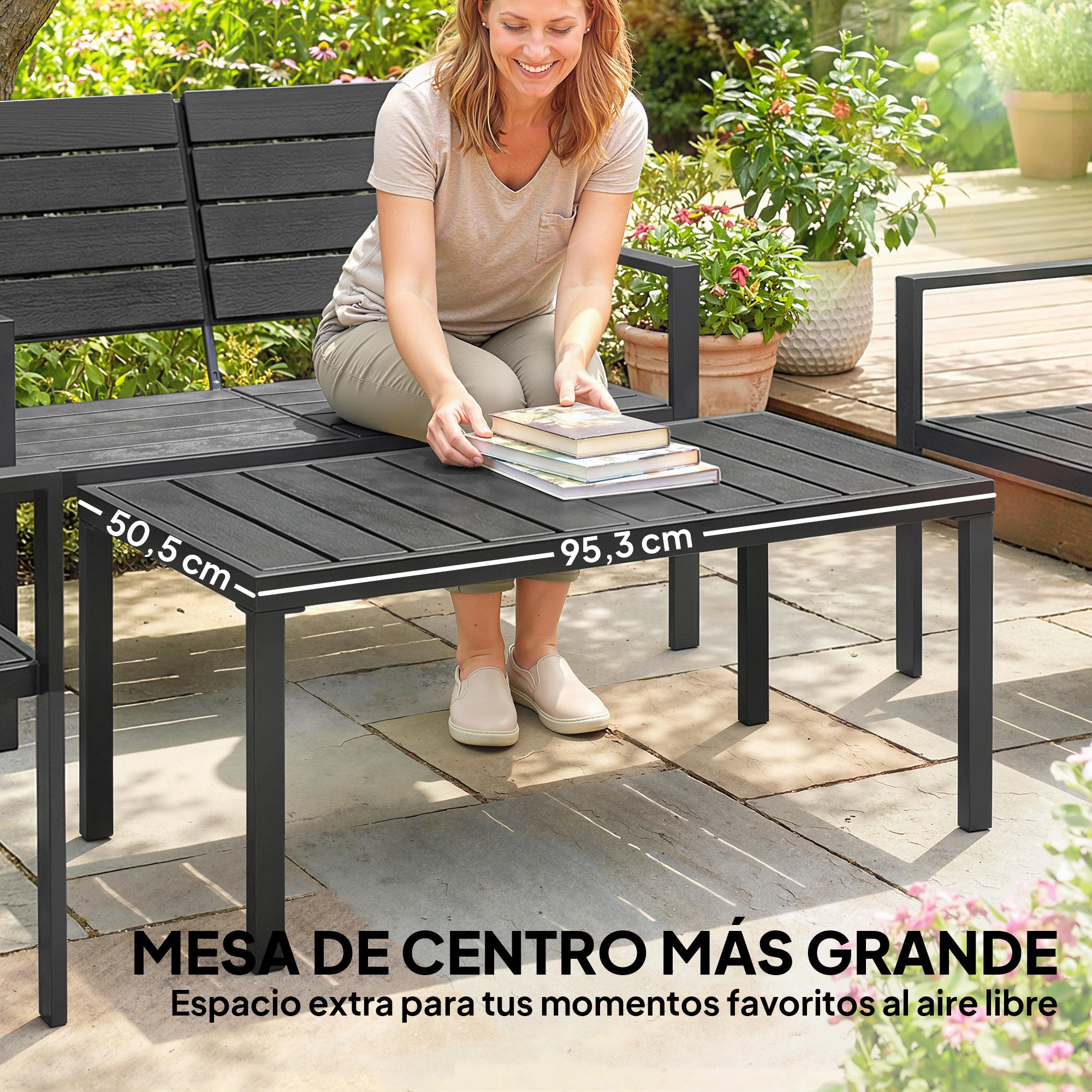 Outsunny Conjunto de Muebles de Jardín para 4 Personas, Sofá de Jardín de 4 Piezas con Sofá de 2 Plazas, 2 Sillones, Mesa de Centro, Estructura Metálica, Negro