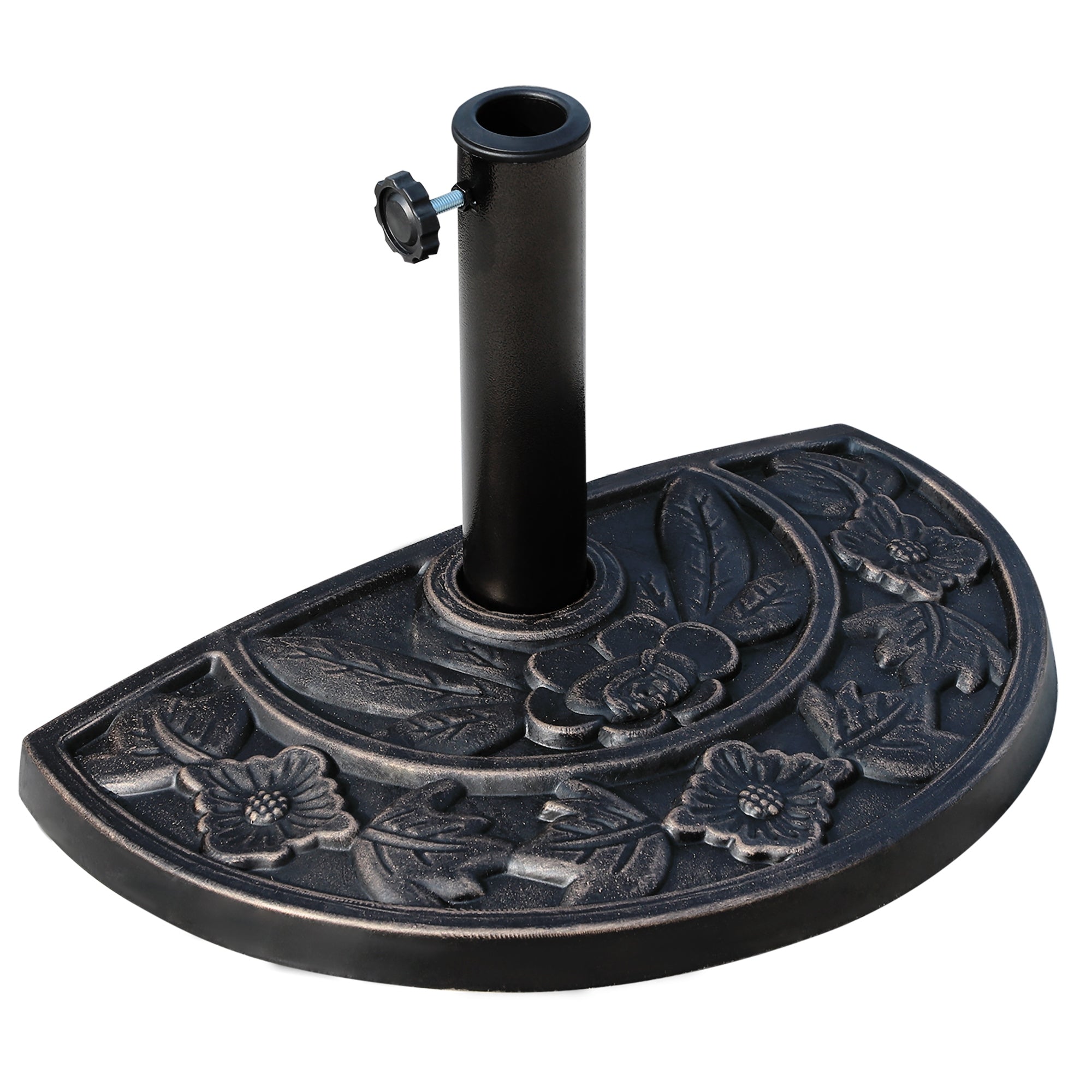 Outsunny Base de Sombrilla Semicírculo Peso 9 kg Soporte para Parasol de Resina para Poste de Paraguas de Ø3,8 cm y Ø4,8 cm para Terraza Patio Jardín Playa 50x31x32 cm Bronce