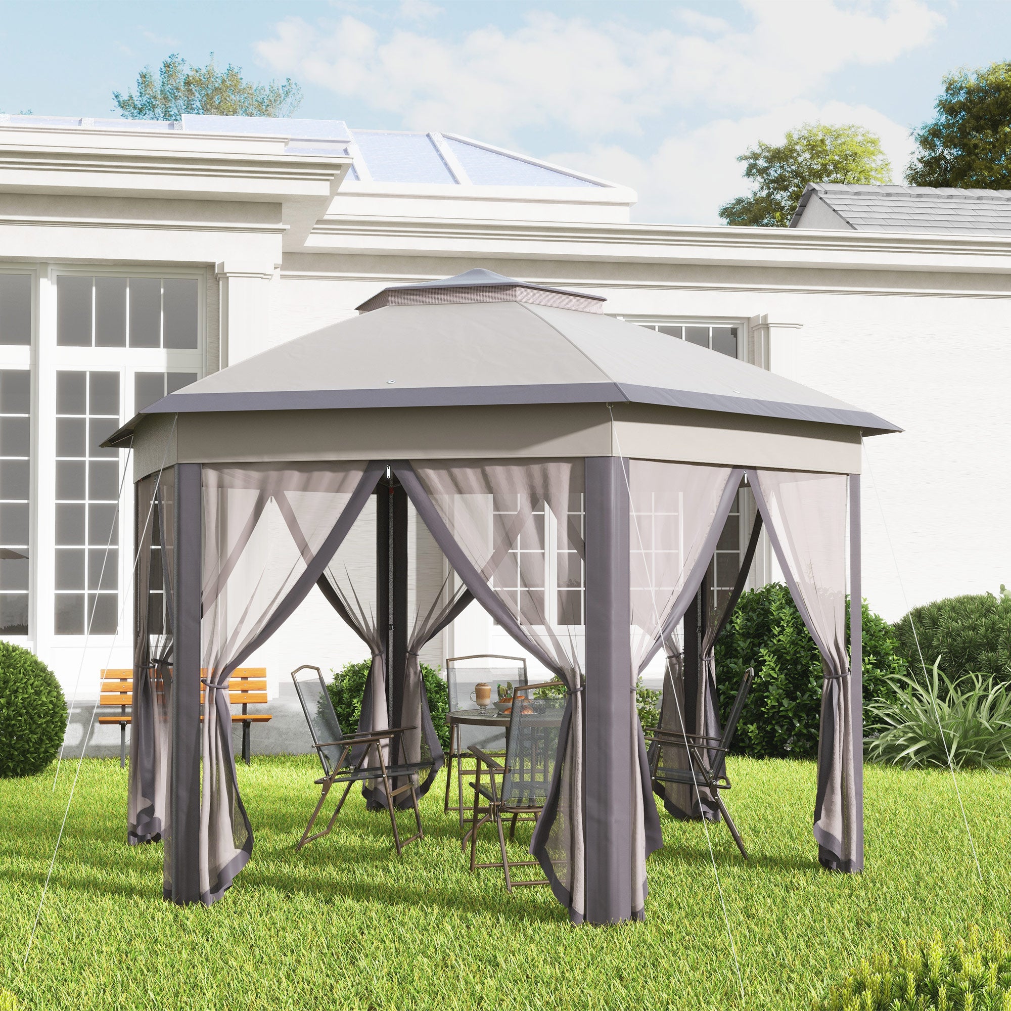 Outsunny Carpa Plegable 4x3,4 m, Cenador de Jardín Hexagonal con Doble Techo, 6 Mosquiteras Extraíbles y Bolsa de Transporte, Impermeable, Anti-UV para Exterior, Fiestas, Marrón y Beige