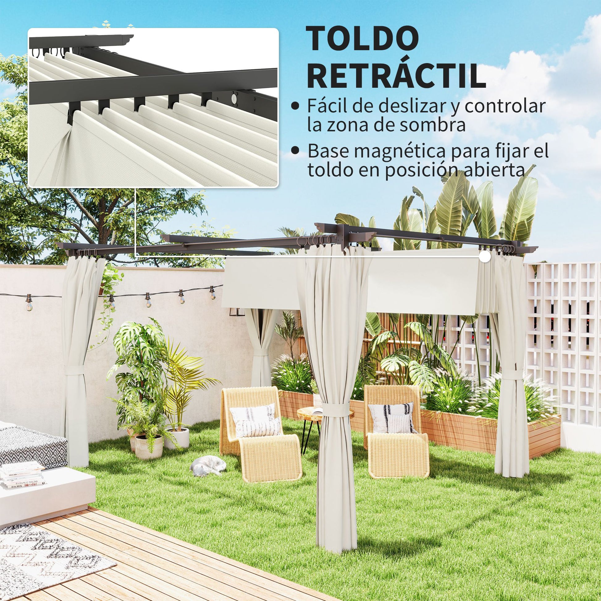 Outsunny Pérgola de Aluminio con Techo Retráctil Pérgola 4x3 m con Paredes Laterales Cenador con Tela de Poliéster Anti-UV Resistente al Agua Pabellón para Jardín Patio Terraza Crema