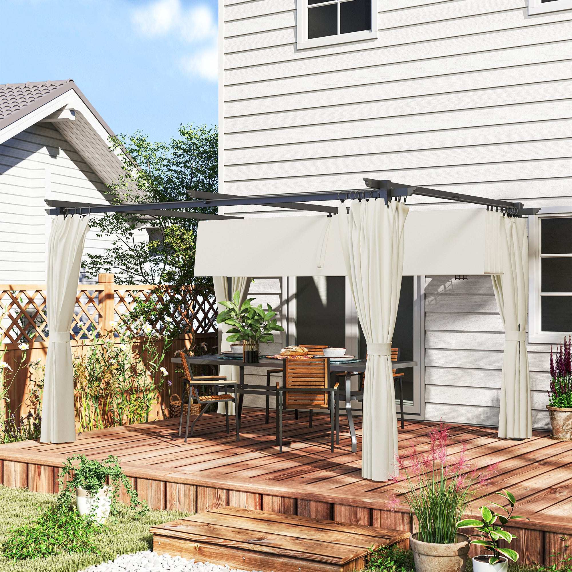 Outsunny Pérgola de Aluminio con Techo Retráctil Pérgola 4x3 m con Paredes Laterales Cenador con Tela de Poliéster Anti-UV Resistente al Agua Pabellón para Jardín Patio Terraza Crema