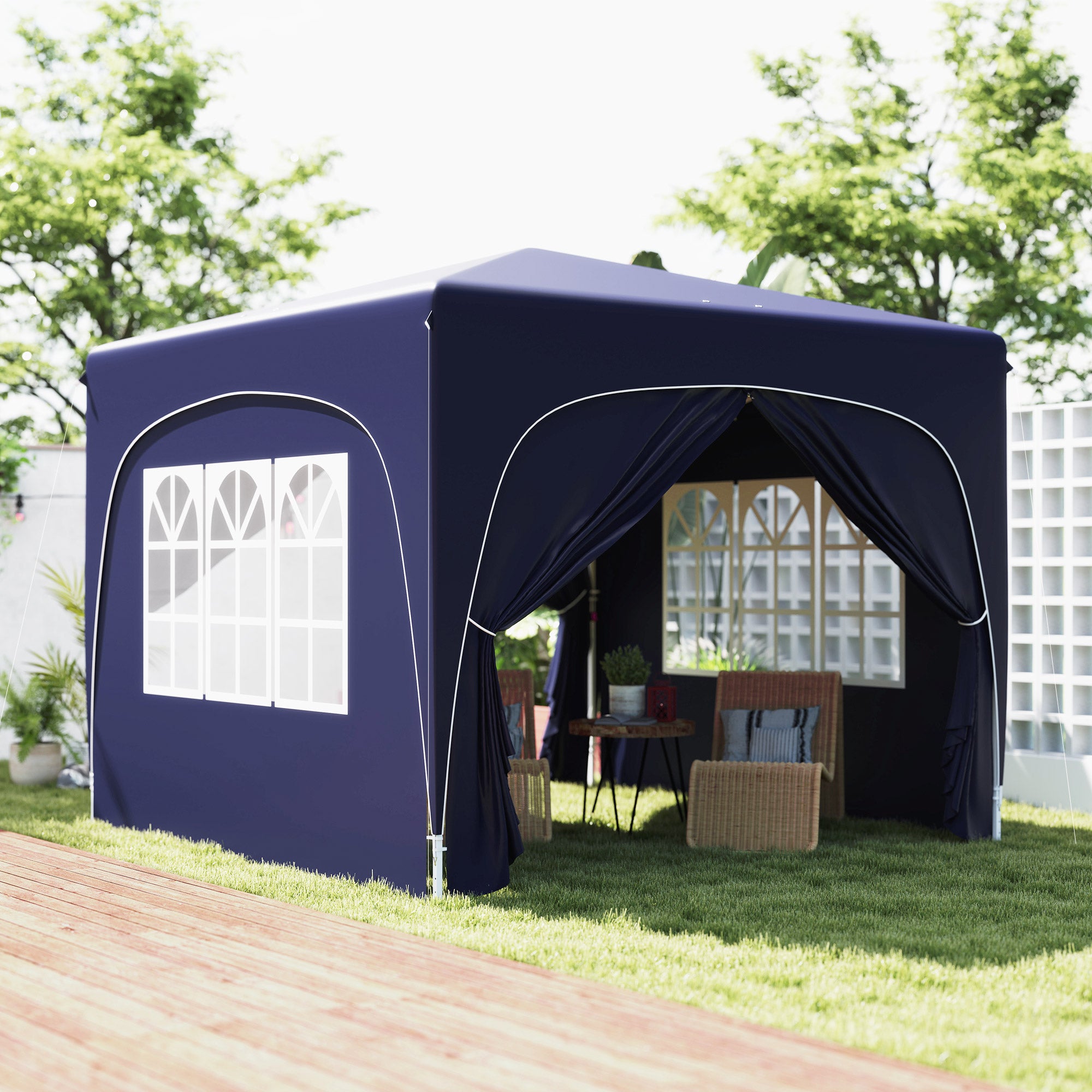Outsunny Carpa Plegable Gazabo 3x3 m con Paneles Laterales UPF50+ Cenador Pabellón de Jardín con Altura Ajustable y Bolsa de Transporte para Camping Fiestas Patio Terraza Azul Oscuro