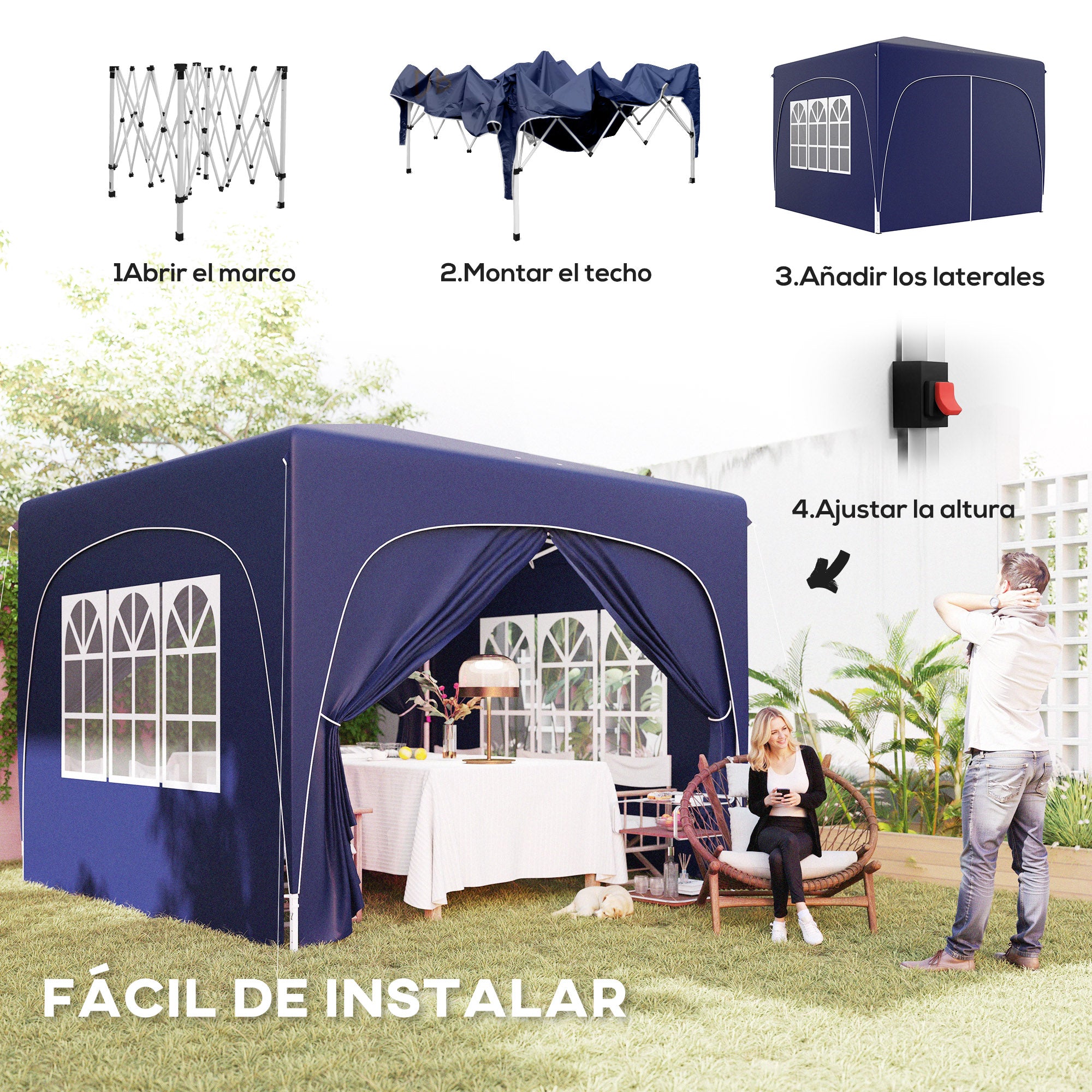 Outsunny Carpa Plegable Gazabo 3x3 m con Paneles Laterales UPF50+ Cenador Pabellón de Jardín con Altura Ajustable y Bolsa de Transporte para Camping Fiestas Patio Terraza Azul Oscuro
