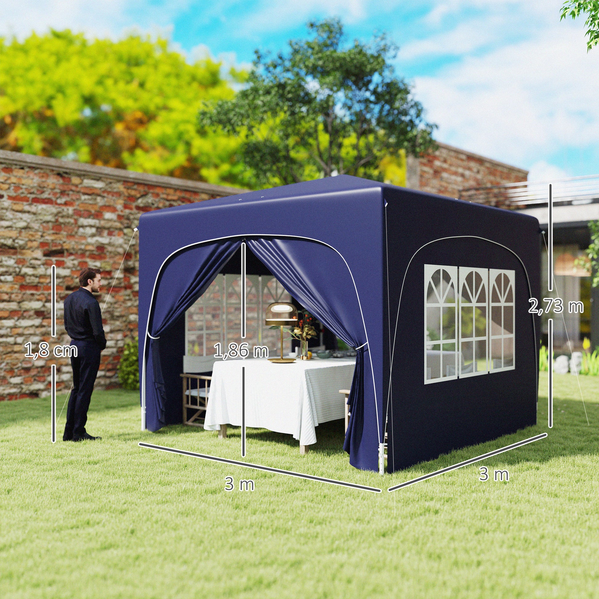 Outsunny Carpa Plegable Gazabo 3x3 m con Paneles Laterales UPF50+ Cenador Pabellón de Jardín con Altura Ajustable y Bolsa de Transporte para Camping Fiestas Patio Terraza Azul Oscuro