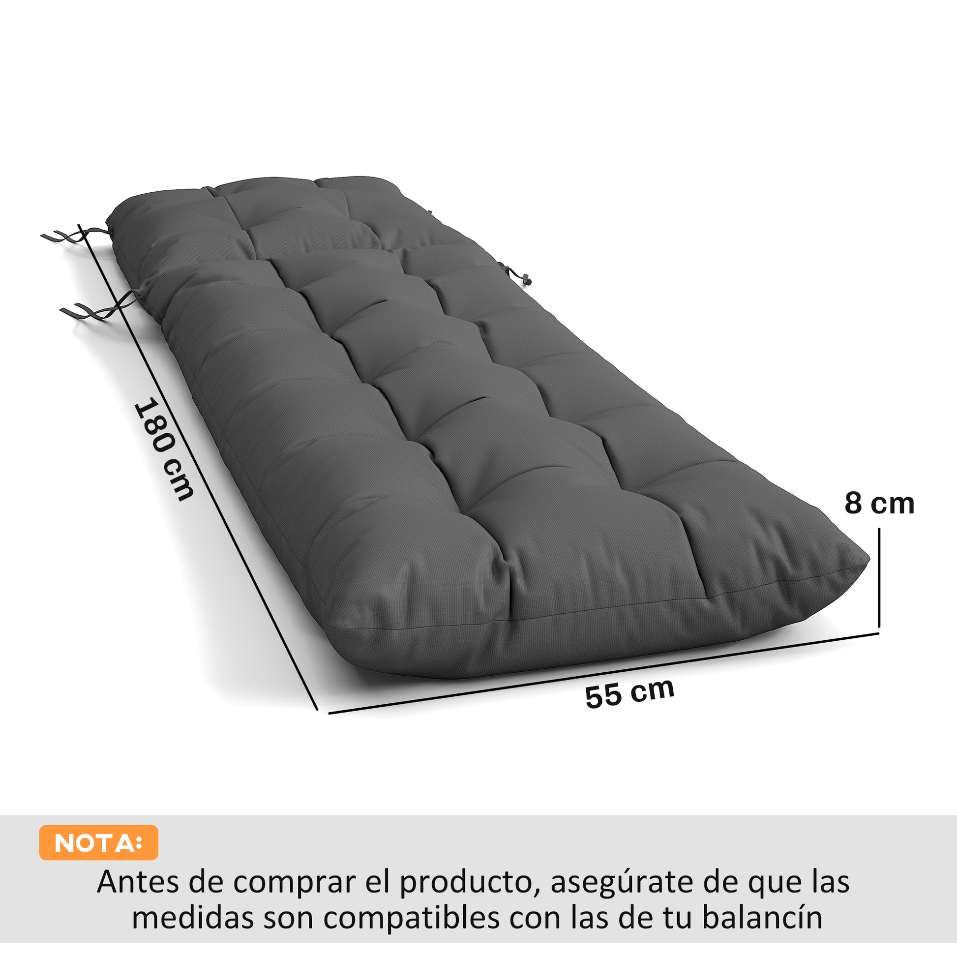 Outsunny Juego de 2 Cojines para Tumbonas, 180x55x8 cm, Cojines para Tumbonas de Exterior Gruesas, UPF30+, Almohadillas de Repuesto para Tumbonas con 4 Cintas, Gris Oscuro