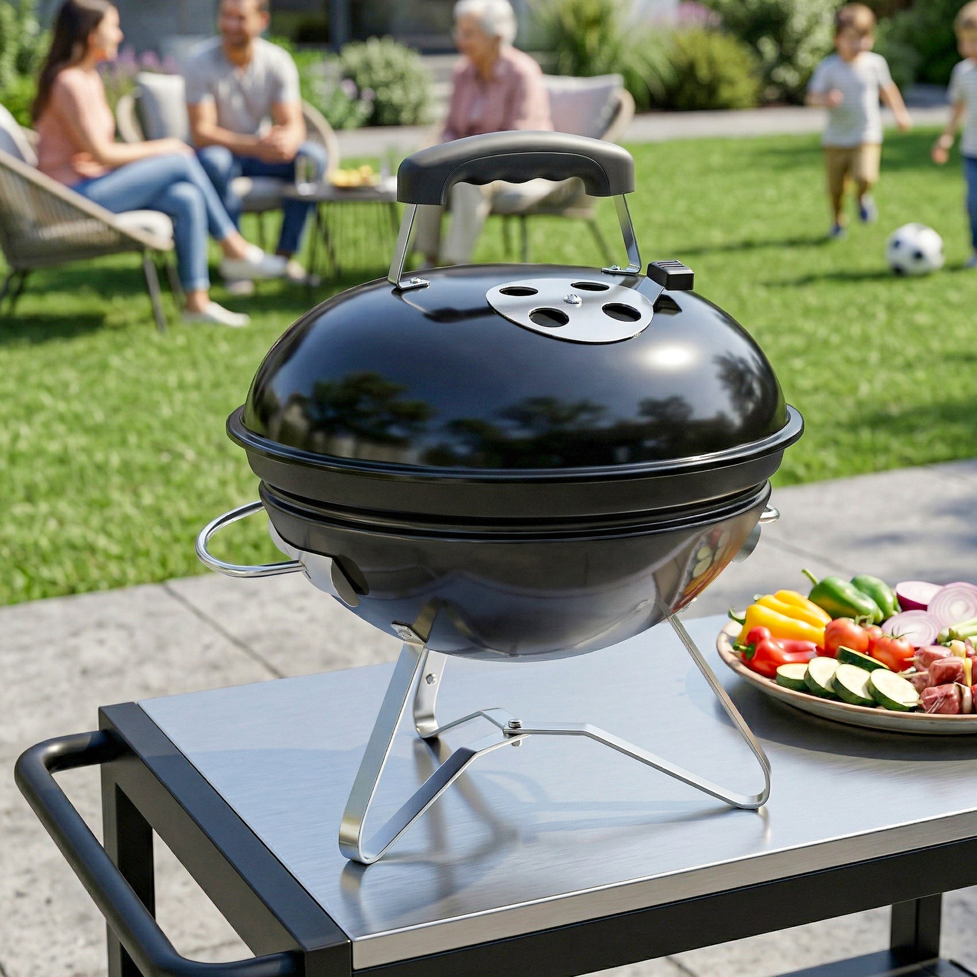 Outsunny Barbacoa de Carbón Portátil, Barbacoa de Carbón Redonda, Tapa con Soporte, Rejilla, Ventilación Ajustable, para Balcón, Picnic, Camping, Ø41x44 cm, Negro