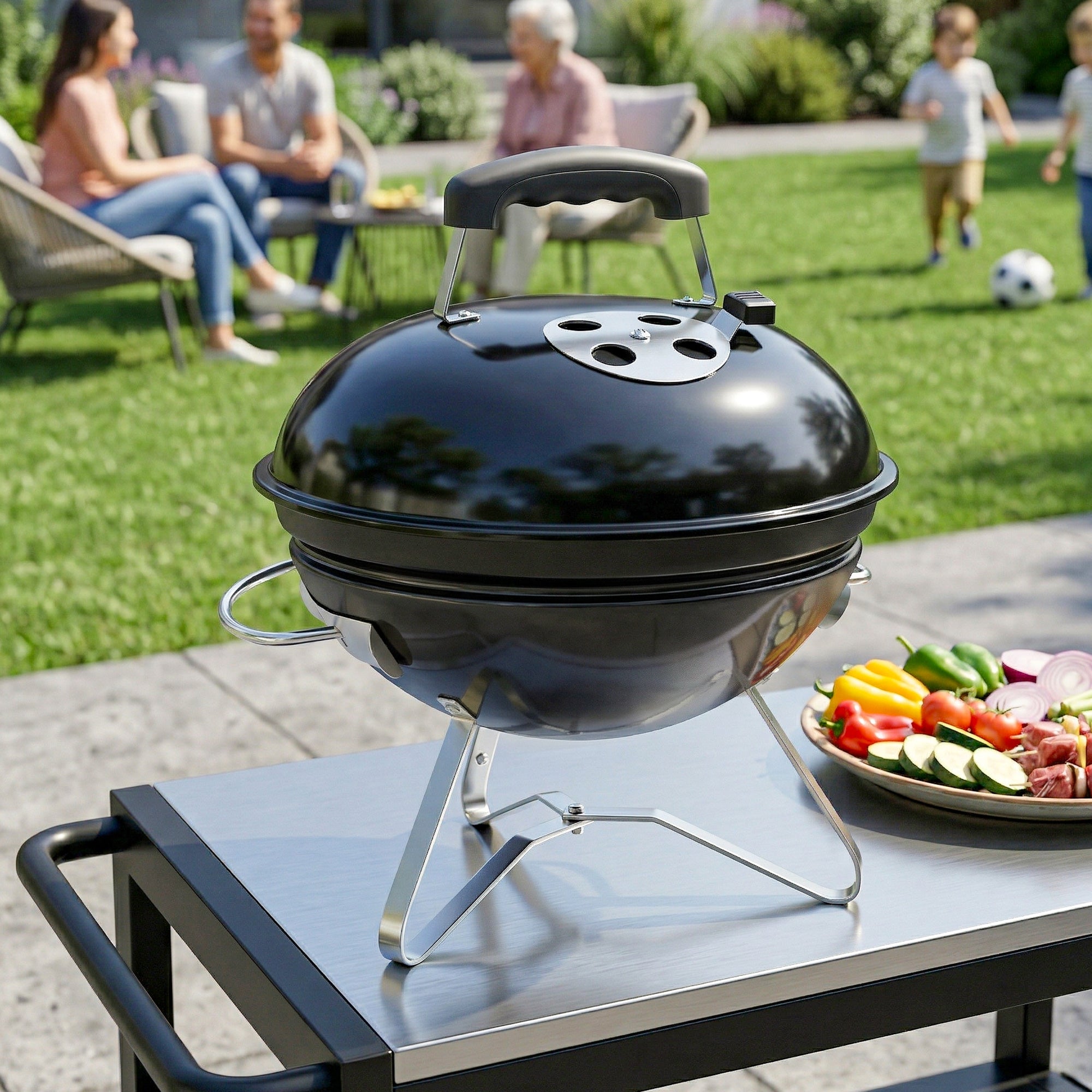 Outsunny Barbacoa de Carbón Portátil, Barbacoa de Carbón Redonda, Tapa con Soporte, Rejilla, Ventilación Ajustable, para Balcón, Picnic, Camping, Ø41x44 cm, Negro