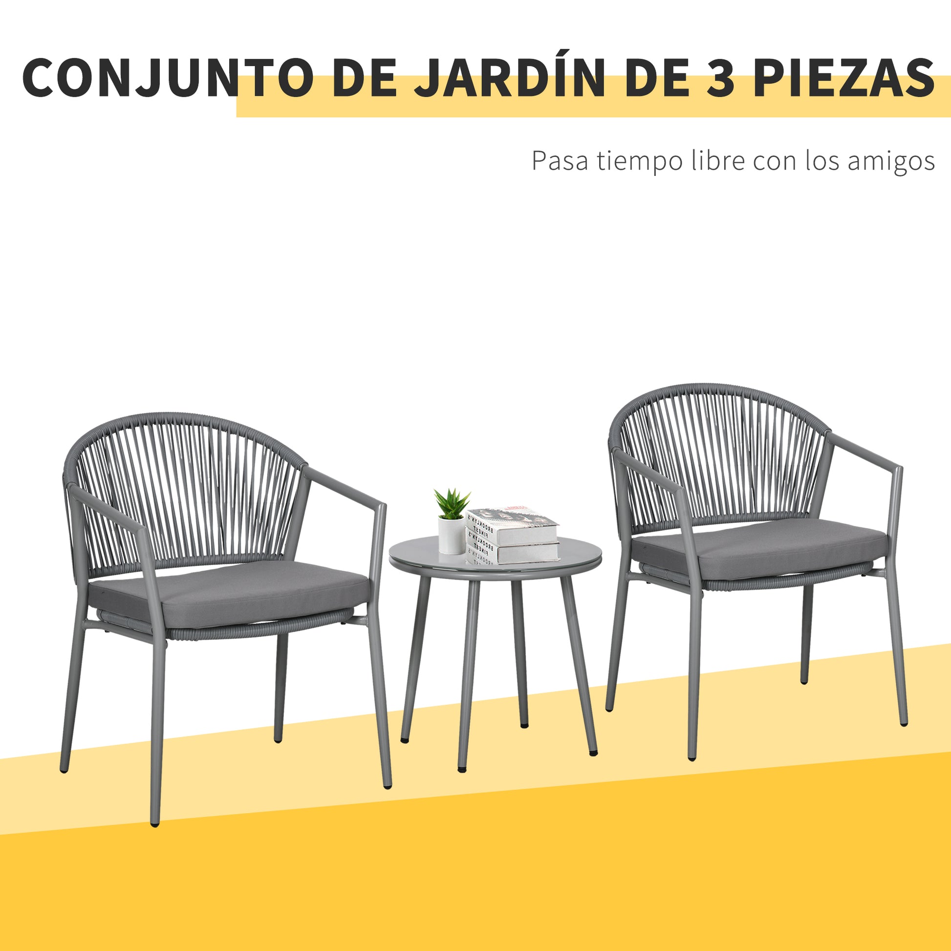Outsunny Conjunto de Jardín Exterior de 3 Piezas Juego de 2 Sillas y Mesa de Ratán con Cojines Acolchados y Encimera de Vidrio para Balcón Terraza Gris