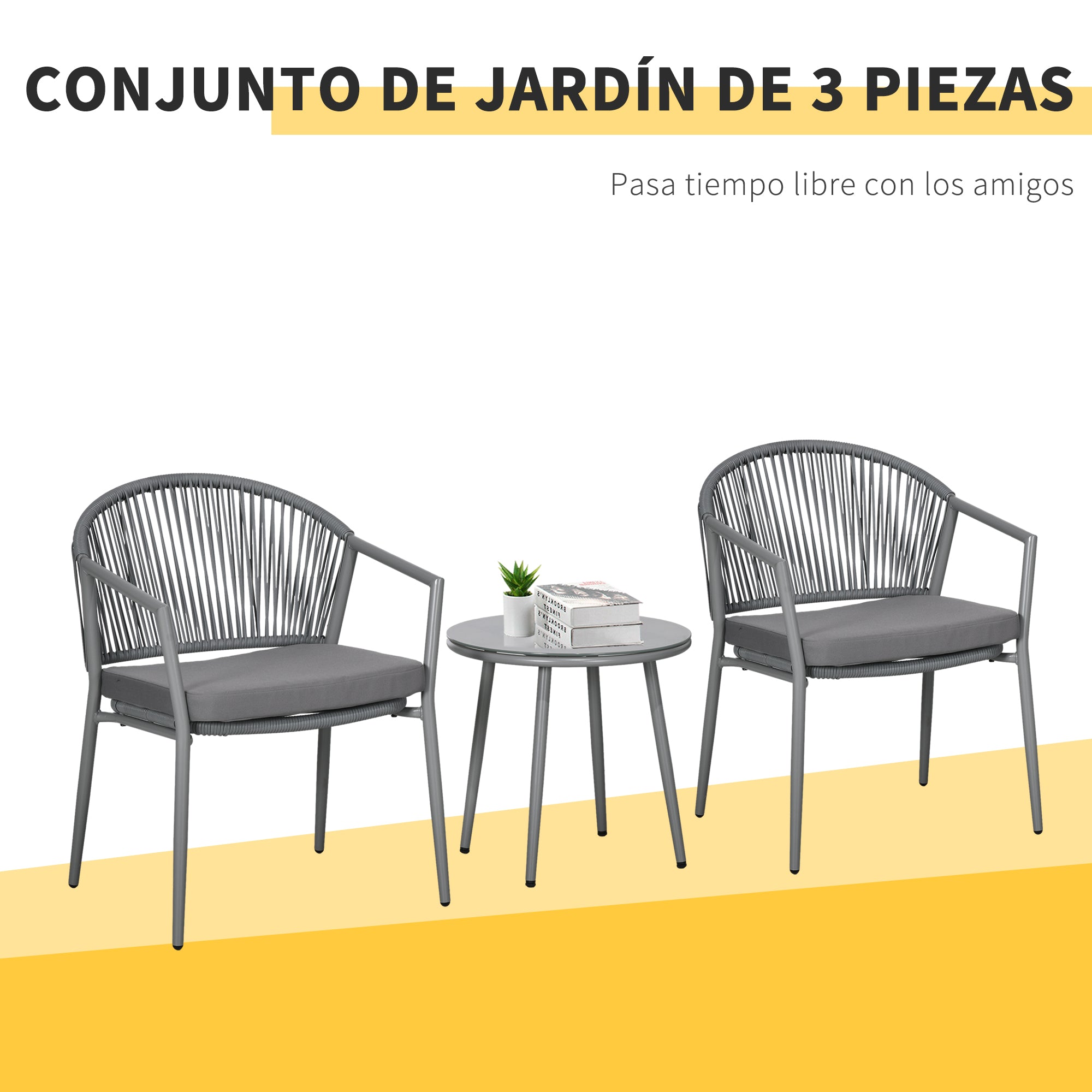 Outsunny Conjunto de Jardín Exterior de 3 Piezas Juego de 2 Sillas y Mesa de Ratán con Cojines Acolchados y Encimera de Vidrio para Balcón Terraza Gris