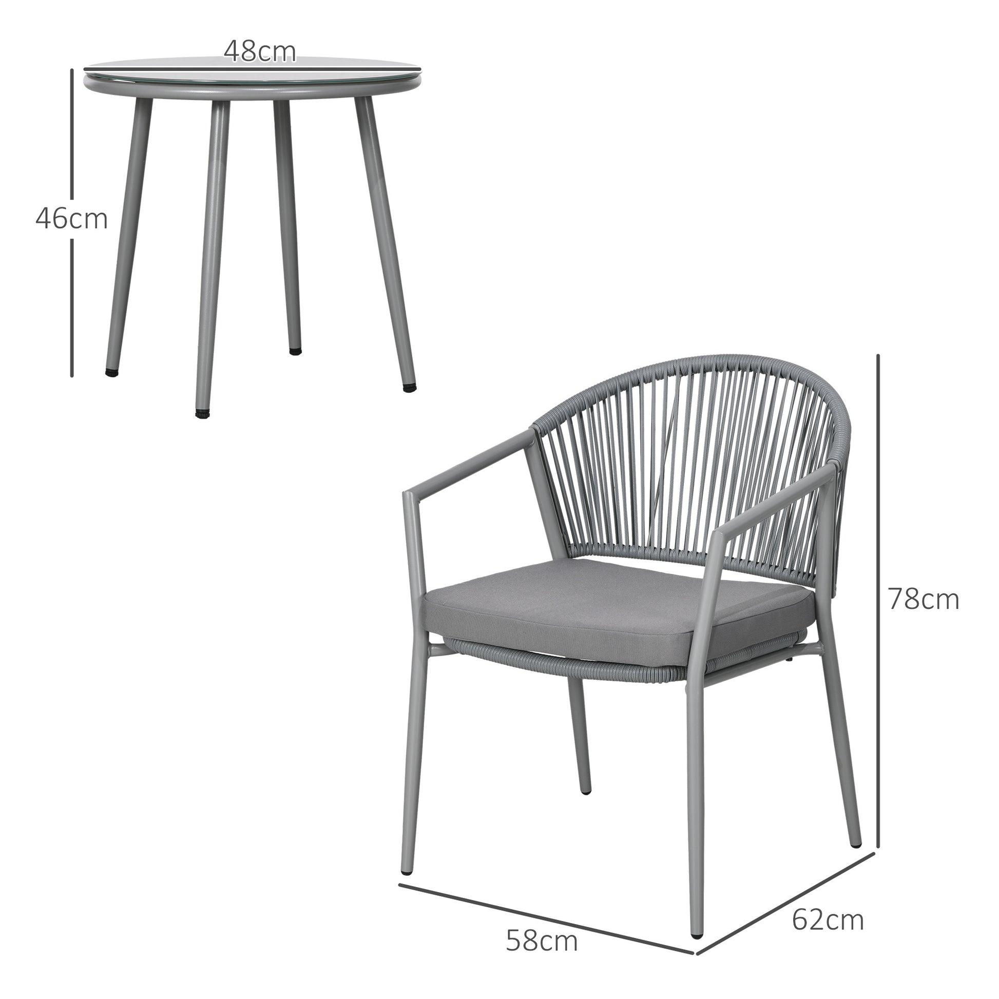 Outsunny Conjunto de Jardín Exterior de 3 Piezas Juego de 2 Sillas y Mesa de Ratán con Cojines Acolchados y Encimera de Vidrio para Balcón Terraza Gris
