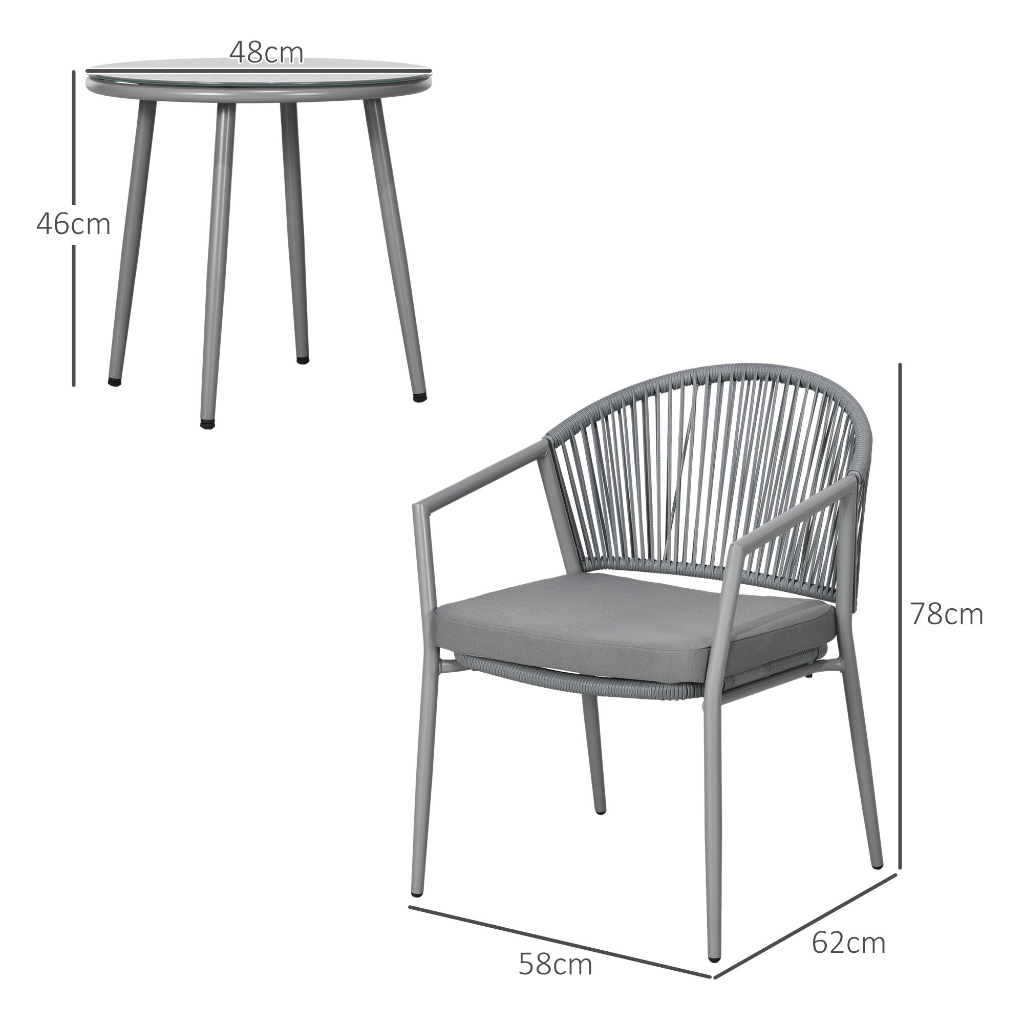 Outsunny Conjunto de Jardín Exterior de 3 Piezas Juego de 2 Sillas y Mesa de Ratán con Cojines Acolchados y Encimera de Vidrio para Balcón Terraza Gris