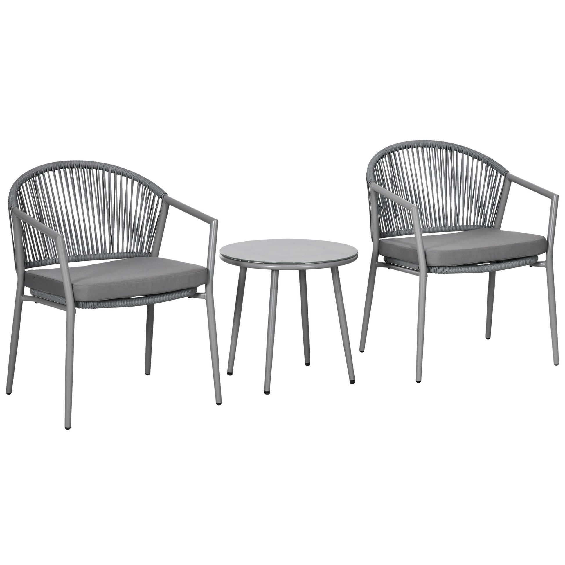 Outsunny Conjunto de Jardín Exterior de 3 Piezas Juego de 2 Sillas y Mesa de Ratán con Cojines Acolchados y Encimera de Vidrio para Balcón Terraza Gris