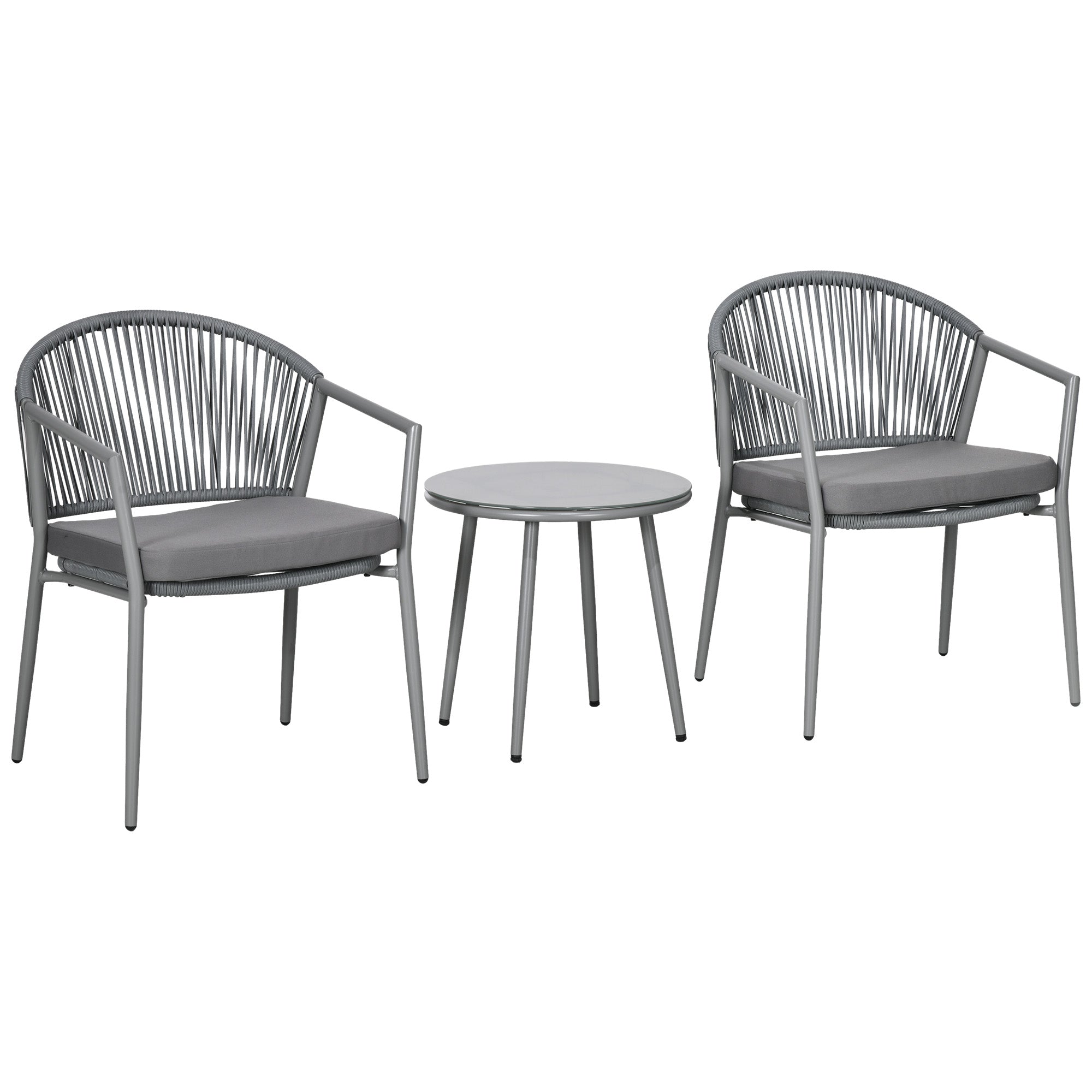 Outsunny Conjunto de Jardín Exterior de 3 Piezas Juego de 2 Sillas y Mesa de Ratán con Cojines Acolchados y Encimera de Vidrio para Balcón Terraza Gris