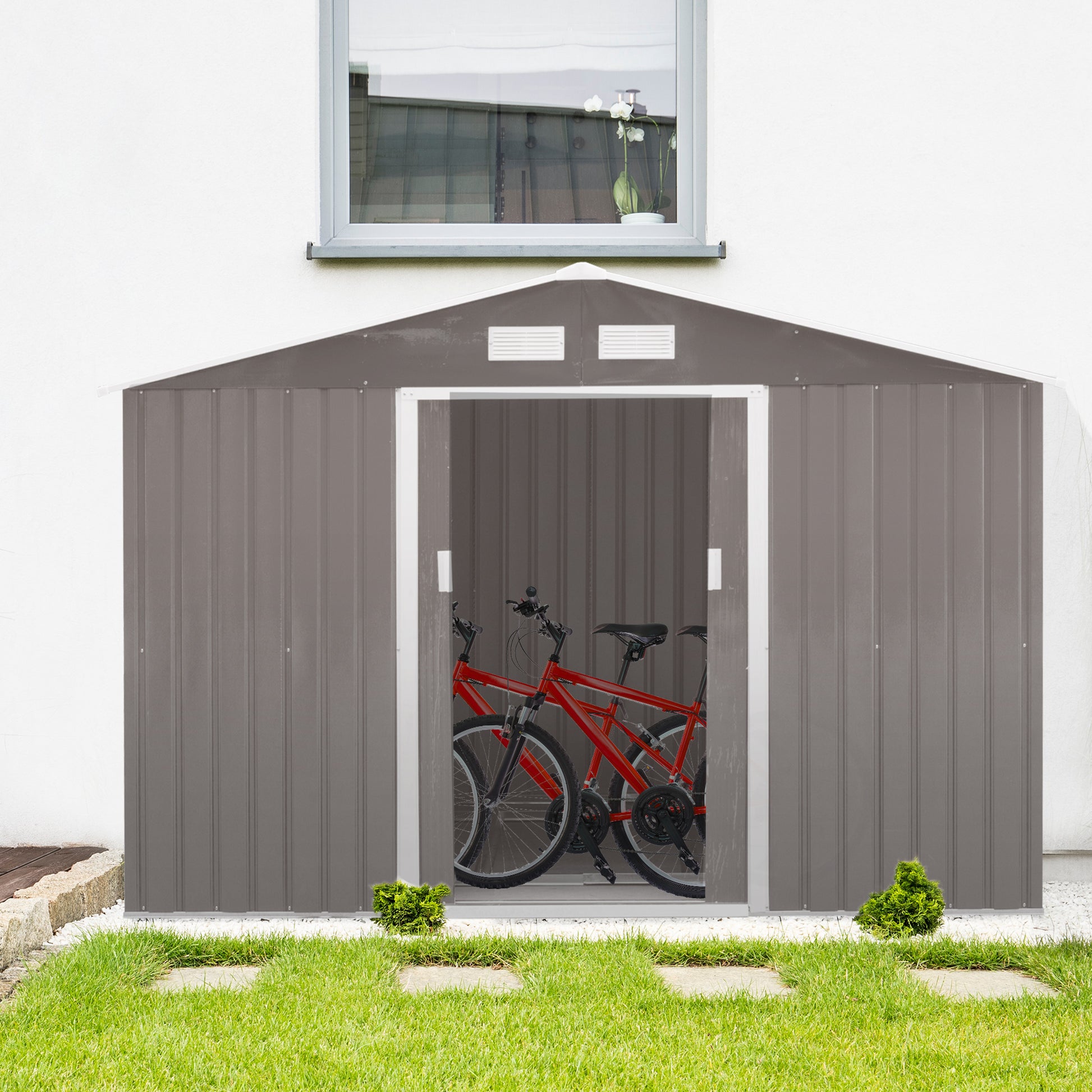 Outsunny Caseta de Jardín Exterior 4,9 m² 277x195x192 cm Cobertizo de Jardín Exterior con Puerta Corredera Techo Inclinado Base Refuerzo (Suelo NO Incluido) y 4 Ventanas Gris