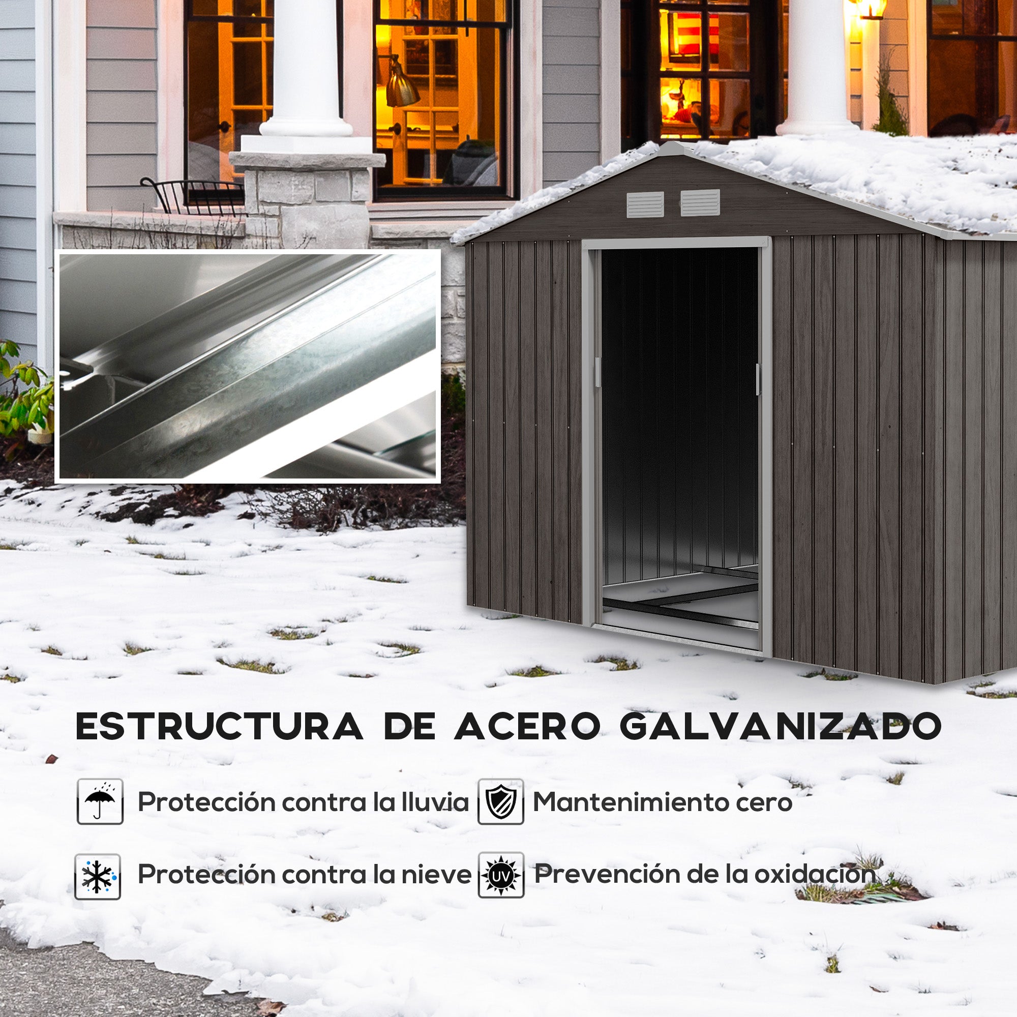 Outsunny Caseta de Jardín Exterior 4,9 m² 277x195x192 cm Cobertizo de Jardín Exterior con Puerta Corredera Techo Inclinado Base Refuerzo (Suelo NO Incluido) y 4 Ventanas Gris