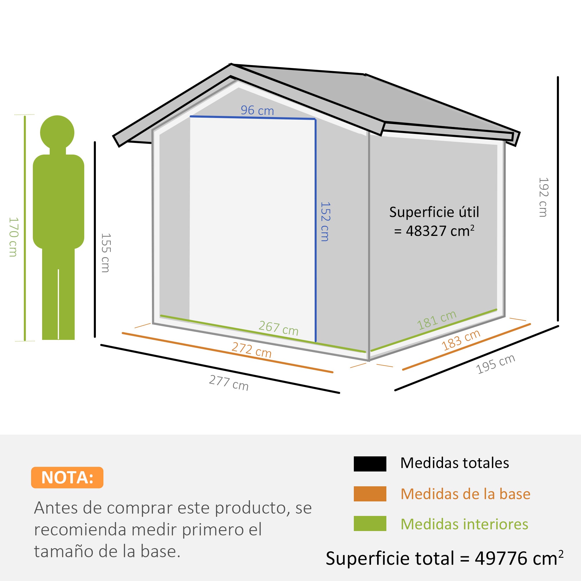 Outsunny Caseta de Jardín Exterior 4,9 m² 277x195x192 cm Cobertizo de Jardín Exterior con Puerta Corredera Techo Inclinado Base Refuerzo (Suelo NO Incluido) y 4 Ventanas Gris