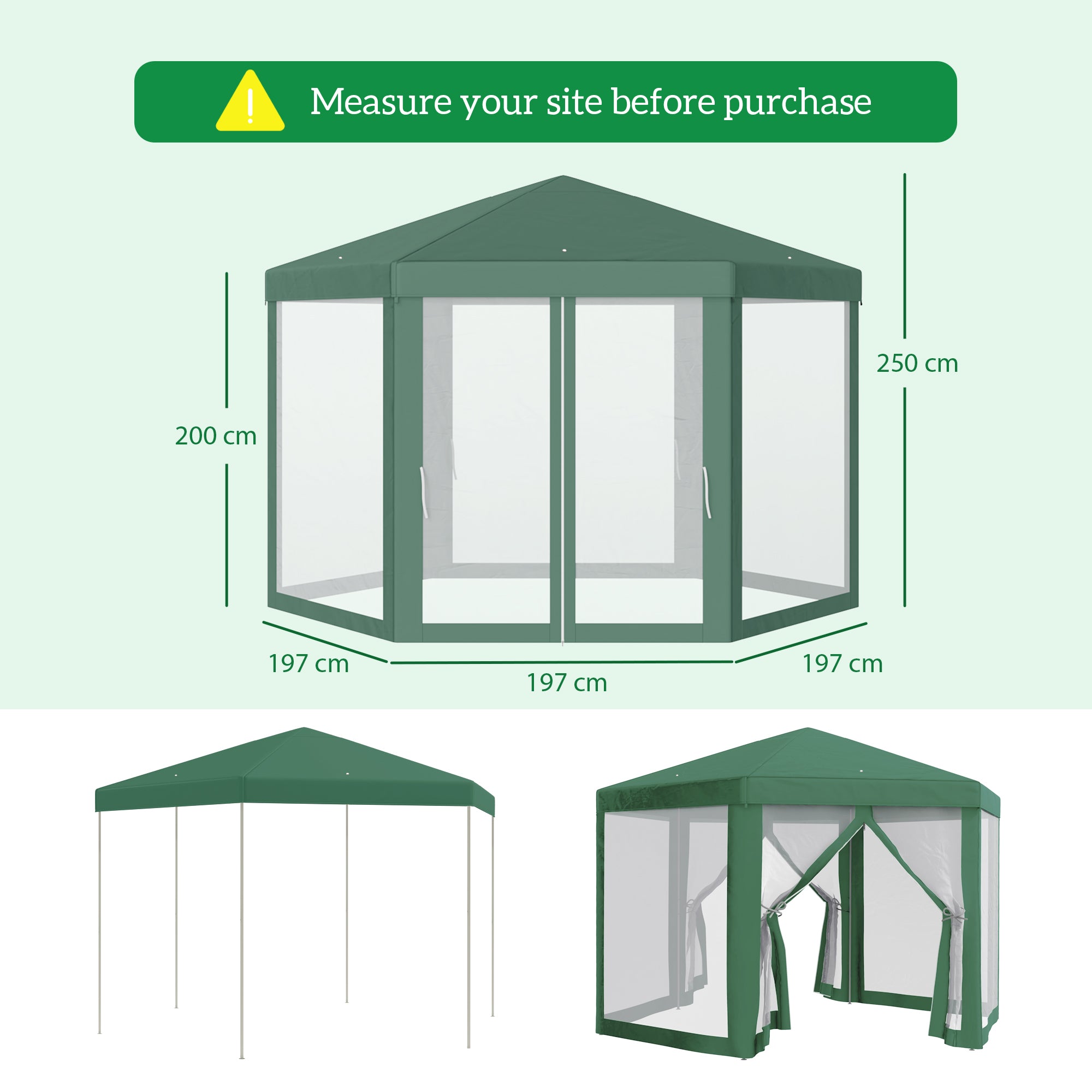 Outsunny Carpa Gazebo tipo Cenador Hexagonal con Mosquitera para Jardín y Terraza Ø1,97 m Material de Poliéster Impermeable (Verde)