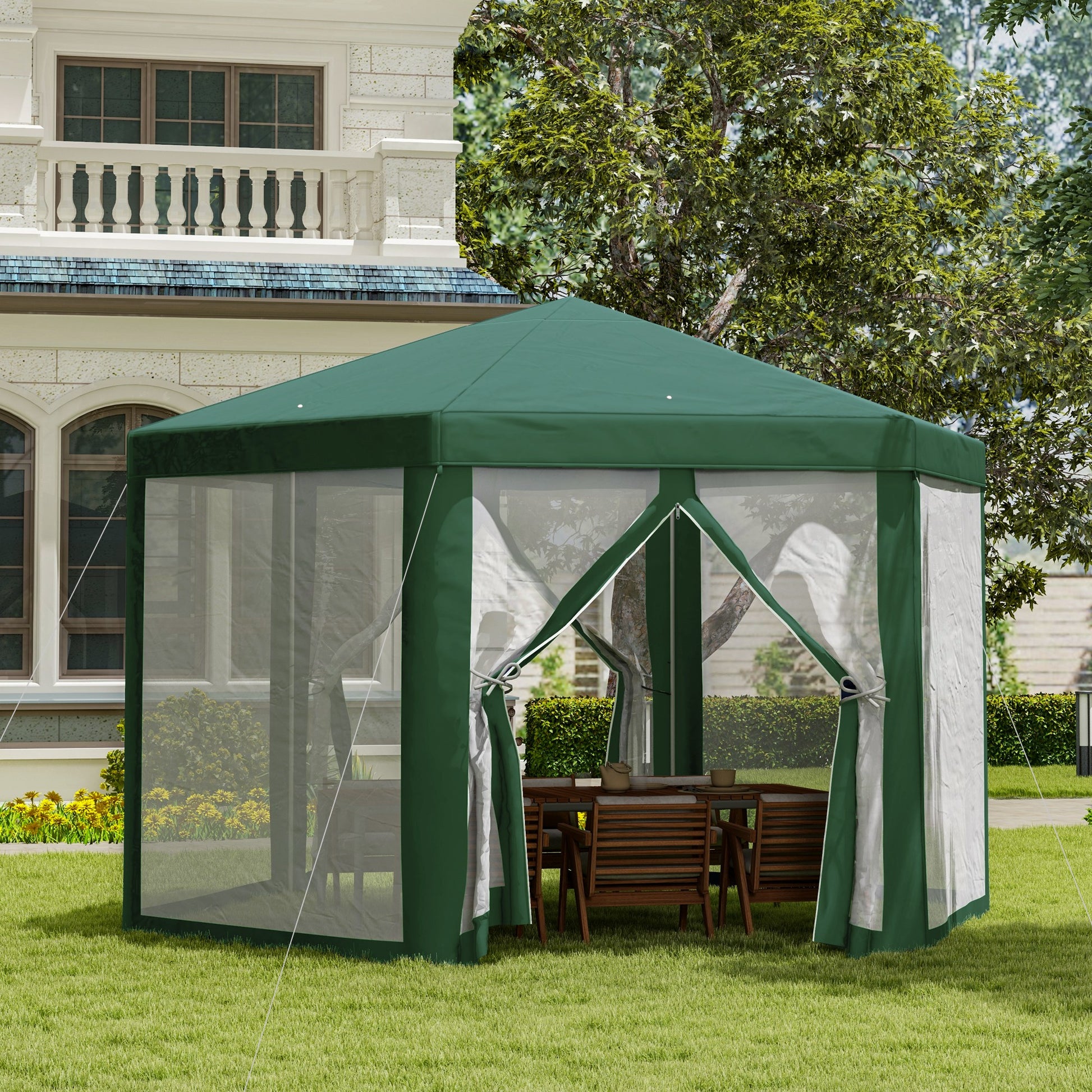 Outsunny Carpa Gazebo tipo Cenador Hexagonal con Mosquitera para Jardín y Terraza Ø1,97 m Material de Poliéster Impermeable (Verde)