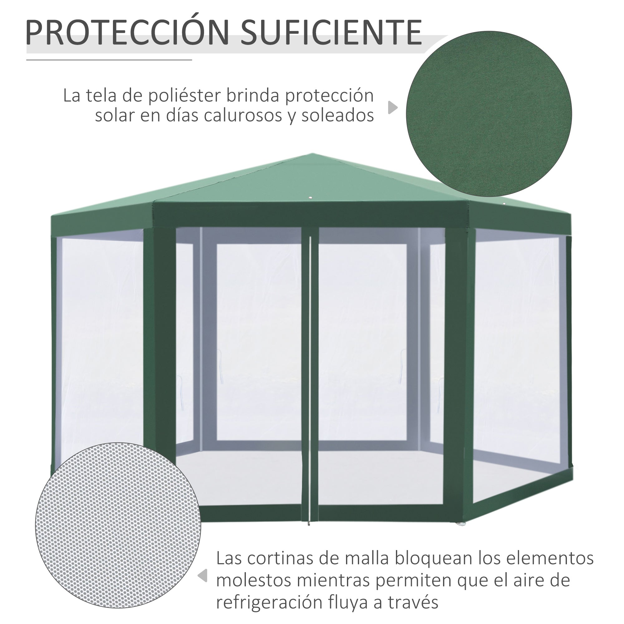 Outsunny Carpa Gazebo tipo Cenador Hexagonal con Mosquitera para Jardín y Terraza Ø1,97 m Material de Poliéster Impermeable (Verde)