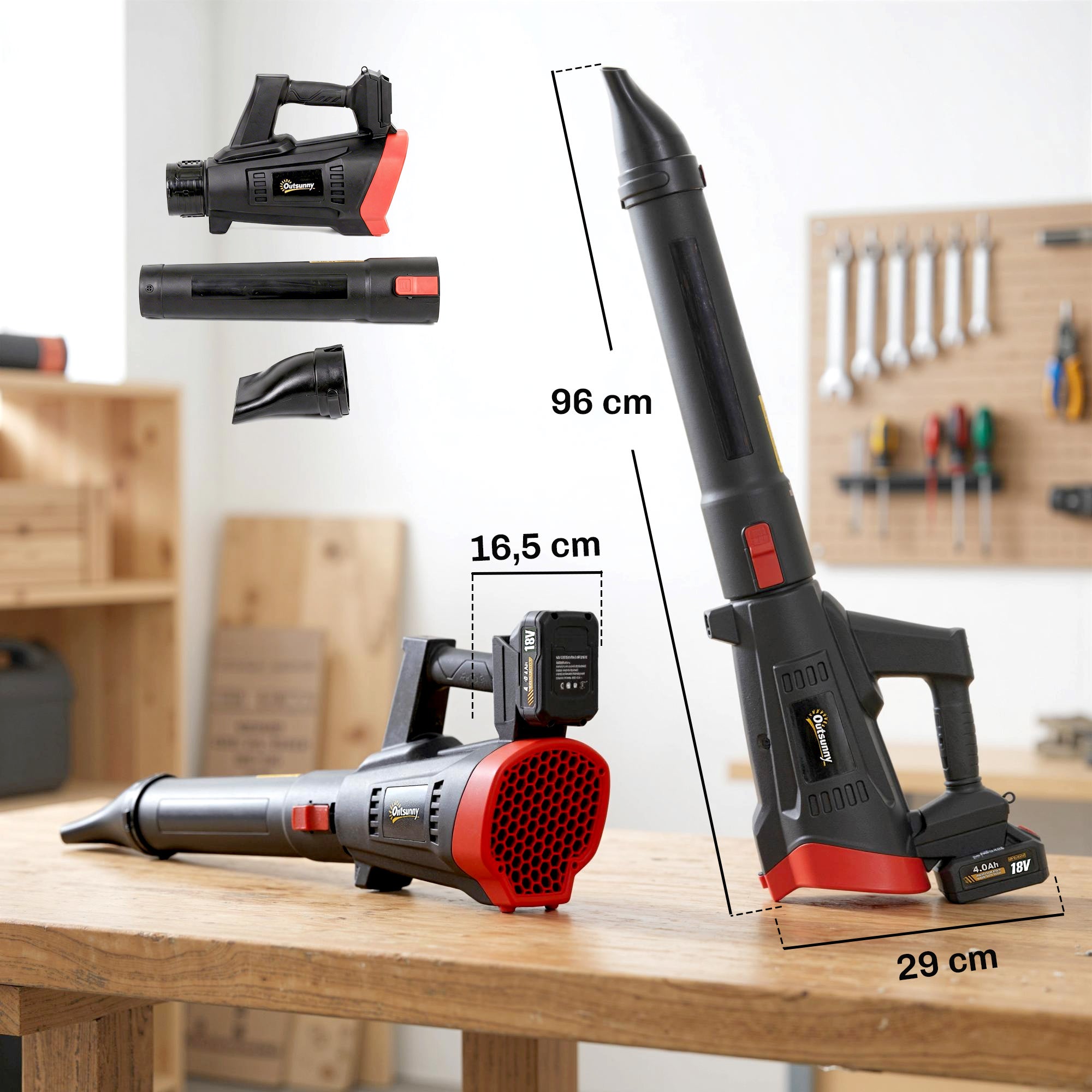 Outsunny Soplador de Hojas sin Cable 18V con 2 Baterías 4.0Ah y Cargador, Motor Sin Escobillas 600W, 3 Velocidades, Correa Hombro, 149 km/h, Soplador Batería Ligero para Hojas, Polvo, Nieve y Residuos