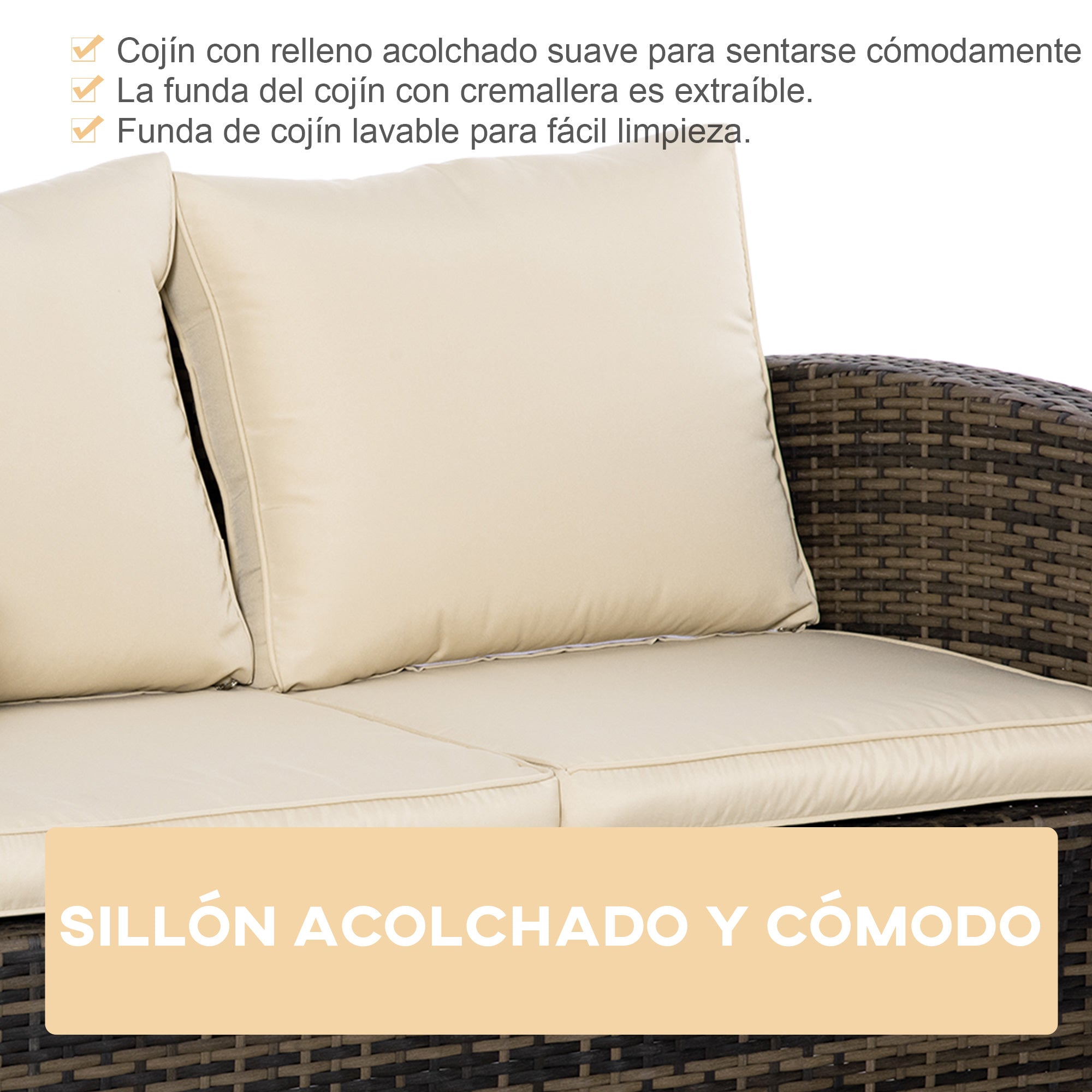 Outsunny Conjunto de Jardín Exterior de Ratán, Conjunto Terraza, Muebles Jardín Exterior 6 Piezas Incluye Cojines, Sofá Doble, Sofá 3 Plazas, 2 Sillones, 2 Mesas Auxiliares con Almacenamiento, Caqui