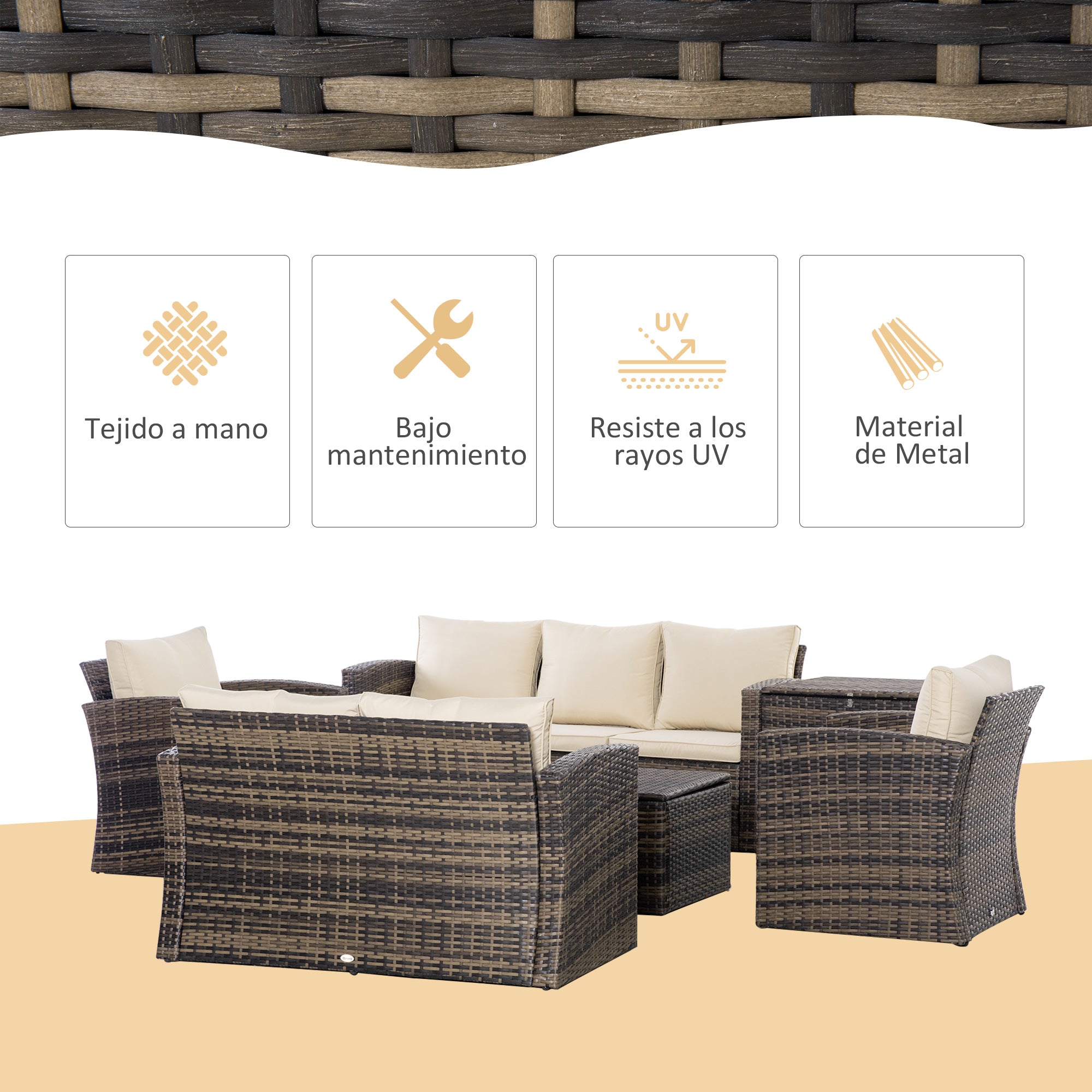 Outsunny Conjunto de Jardín Exterior de Ratán, Conjunto Terraza, Muebles Jardín Exterior 6 Piezas Incluye Cojines, Sofá Doble, Sofá 3 Plazas, 2 Sillones, 2 Mesas Auxiliares con Almacenamiento, Caqui