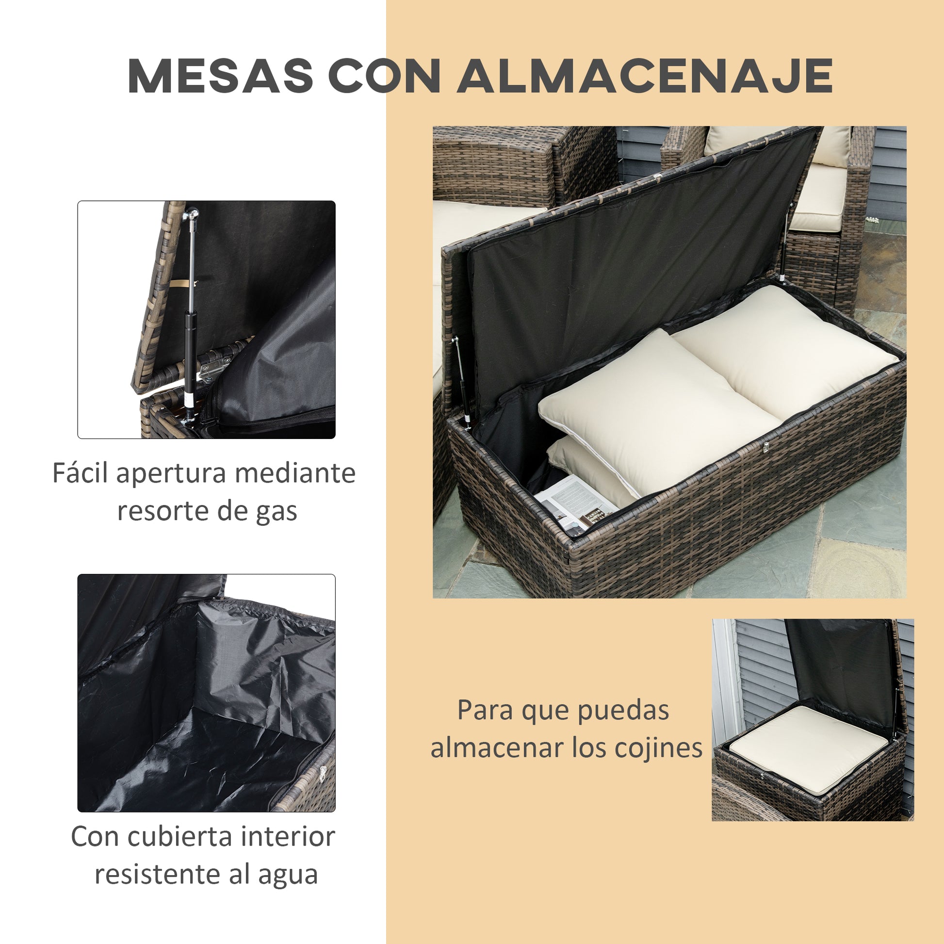 Outsunny Conjunto de Jardín Exterior de Ratán, Conjunto Terraza, Muebles Jardín Exterior 6 Piezas Incluye Cojines, Sofá Doble, Sofá 3 Plazas, 2 Sillones, 2 Mesas Auxiliares con Almacenamiento, Caqui