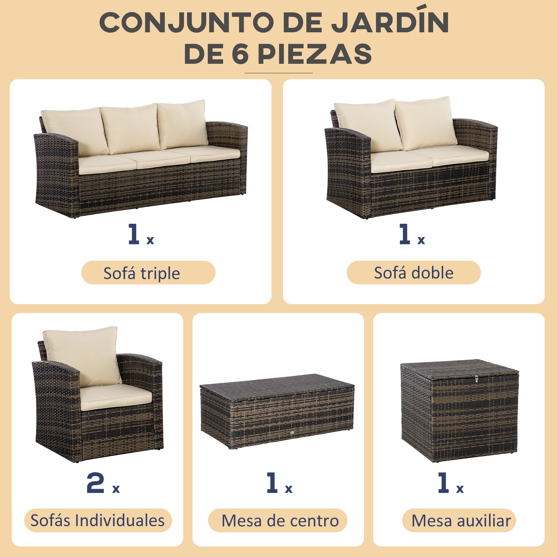 Outsunny Conjunto de Jardín Exterior de Ratán, Conjunto Terraza, Muebles Jardín Exterior 6 Piezas Incluye Cojines, Sofá Doble, Sofá 3 Plazas, 2 Sillones, 2 Mesas Auxiliares con Almacenamiento, Caqui