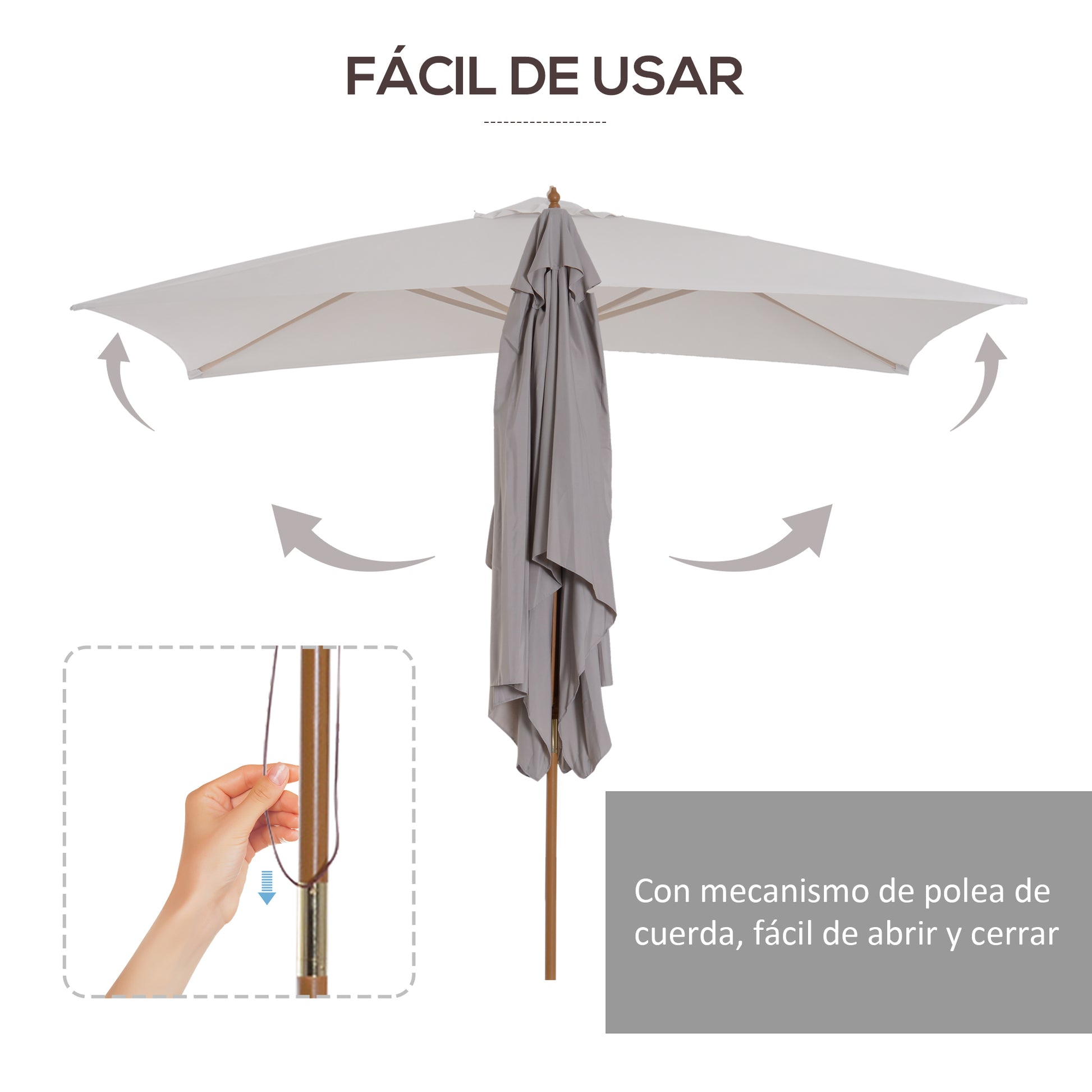 Outsunny Sombrilla Terraza Exterior 295x200 cm Sombrilla de Jardín Rectangular Ajustable con Mástil de Madera y Manivela Impermeable Parasol para Patio Terraza Gris