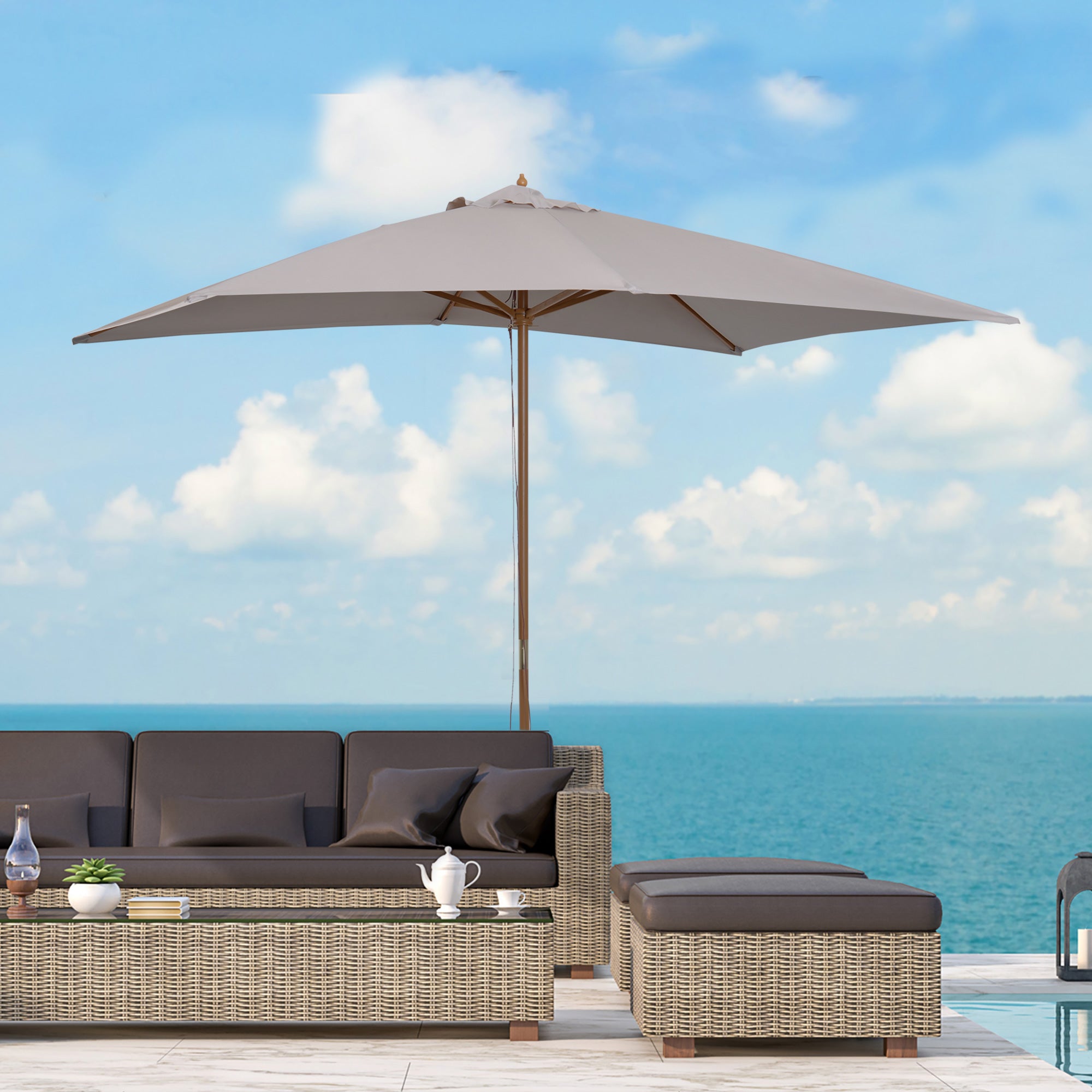 Outsunny Sombrilla Terraza Exterior 295x200 cm Sombrilla de Jardín Rectangular Ajustable con Mástil de Madera y Manivela Impermeable Parasol para Patio Terraza Gris