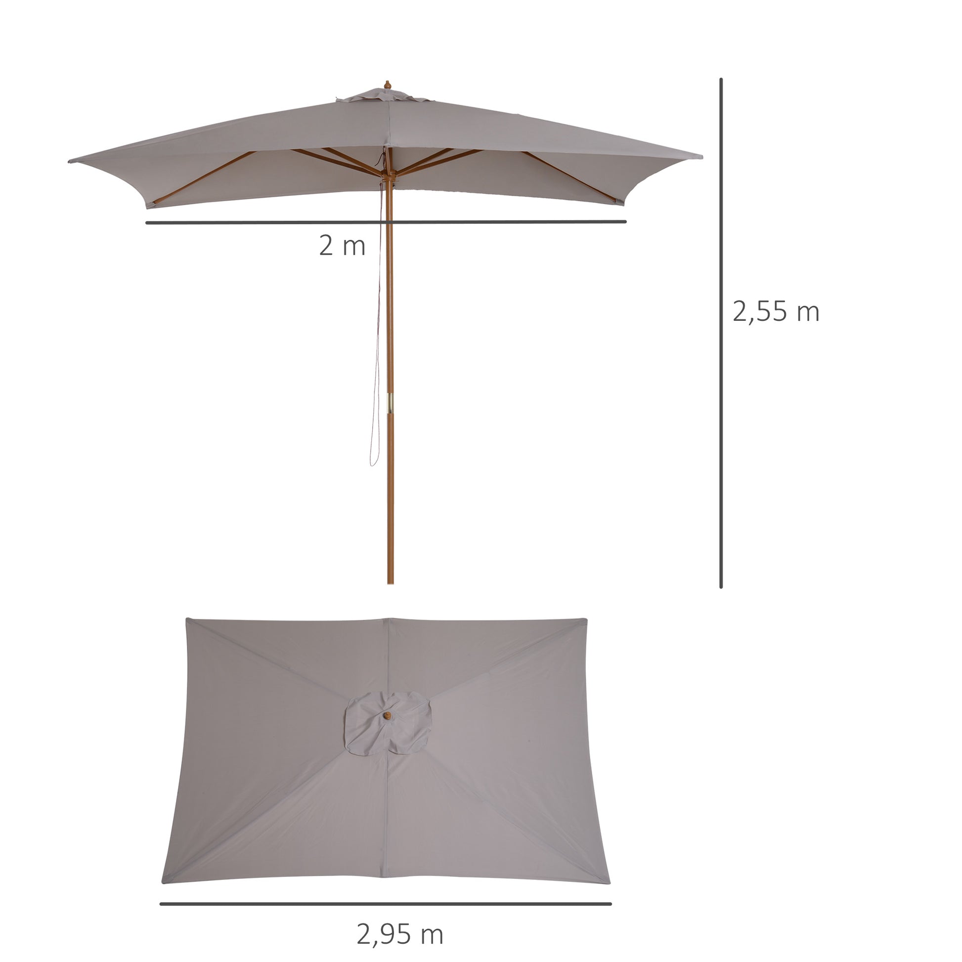 Outsunny Sombrilla Terraza Exterior 295x200 cm Sombrilla de Jardín Rectangular Ajustable con Mástil de Madera y Manivela Impermeable Parasol para Patio Terraza Gris