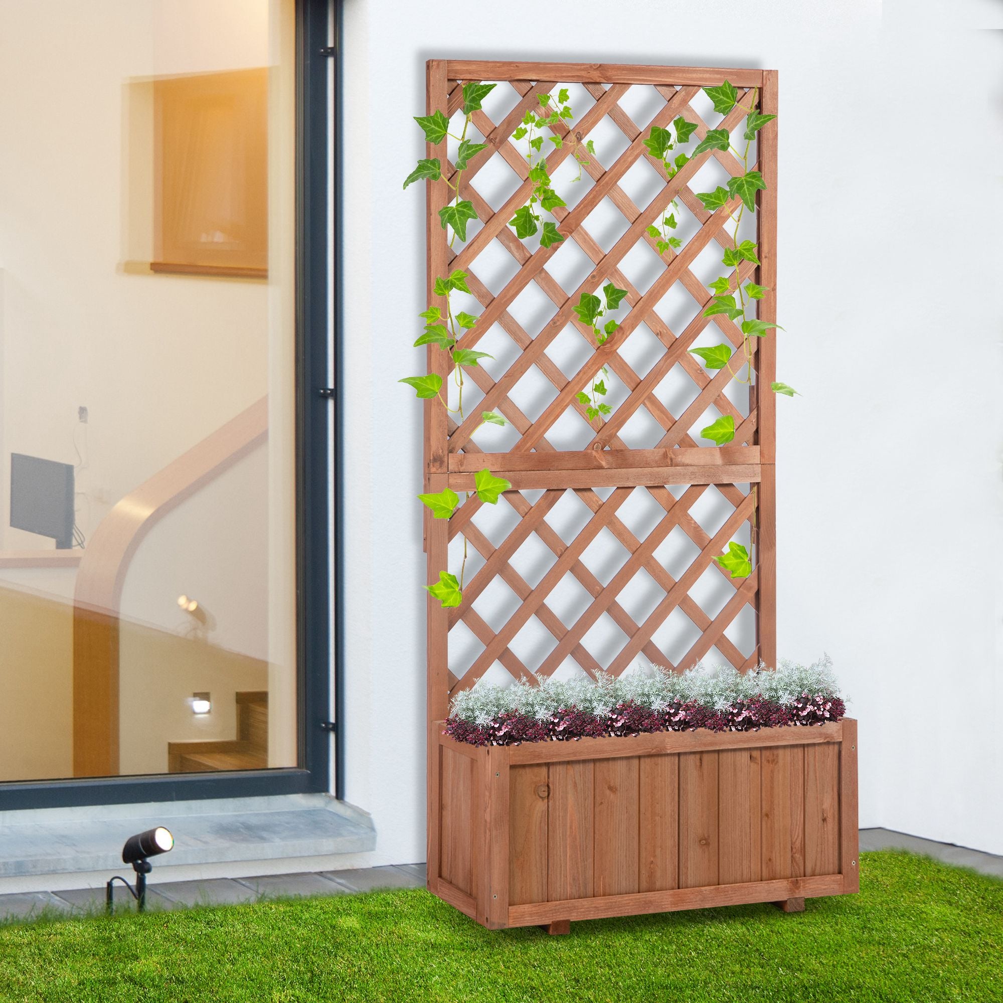 Outsunny Jardinera con Enrejado de Madera Maciza Macetero de Jardín con Soporte para Trepadora para Cultivo de Plantas Flores en Exterior 72,5x31,5x149,5 cm Natural