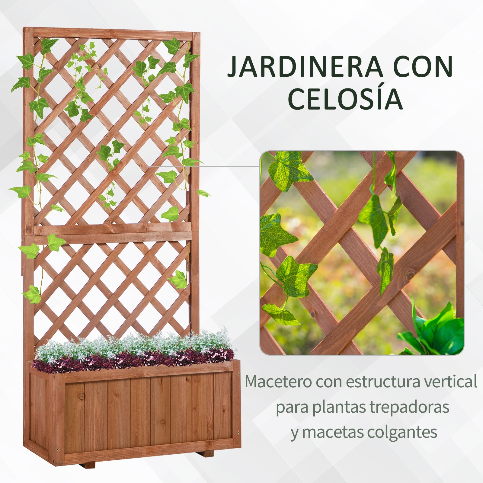 Outsunny Jardinera con Enrejado de Madera Maciza Macetero de Jardín con Soporte para Trepadora para Cultivo de Plantas Flores en Exterior 72,5x31,5x149,5 cm Natural