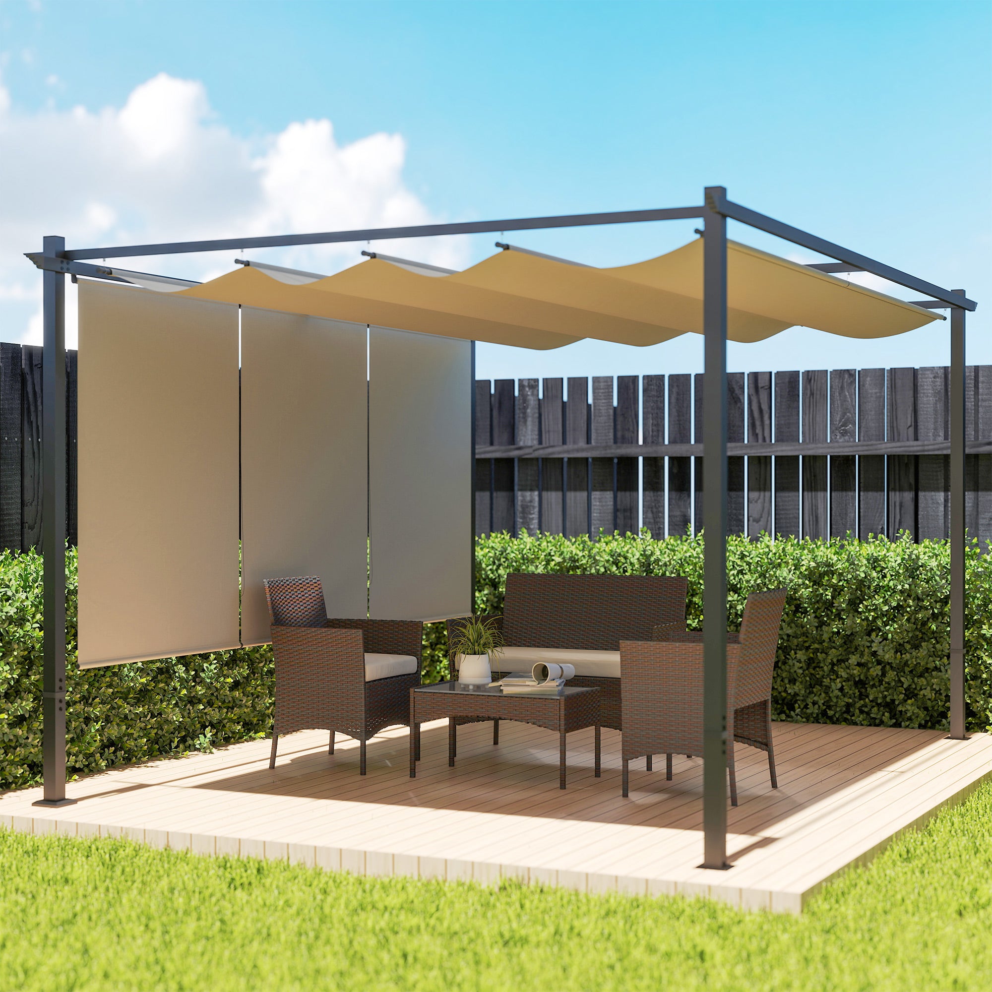 Outsunny Pérgola de Jardín 4x3 m con Techo Retráctil y 3 Laterales Enrollables, Cenador de Jardín Montado en Pared o Independiente, con UPF30+, Estructura Metálica, Pabellón para Exterior, Beige