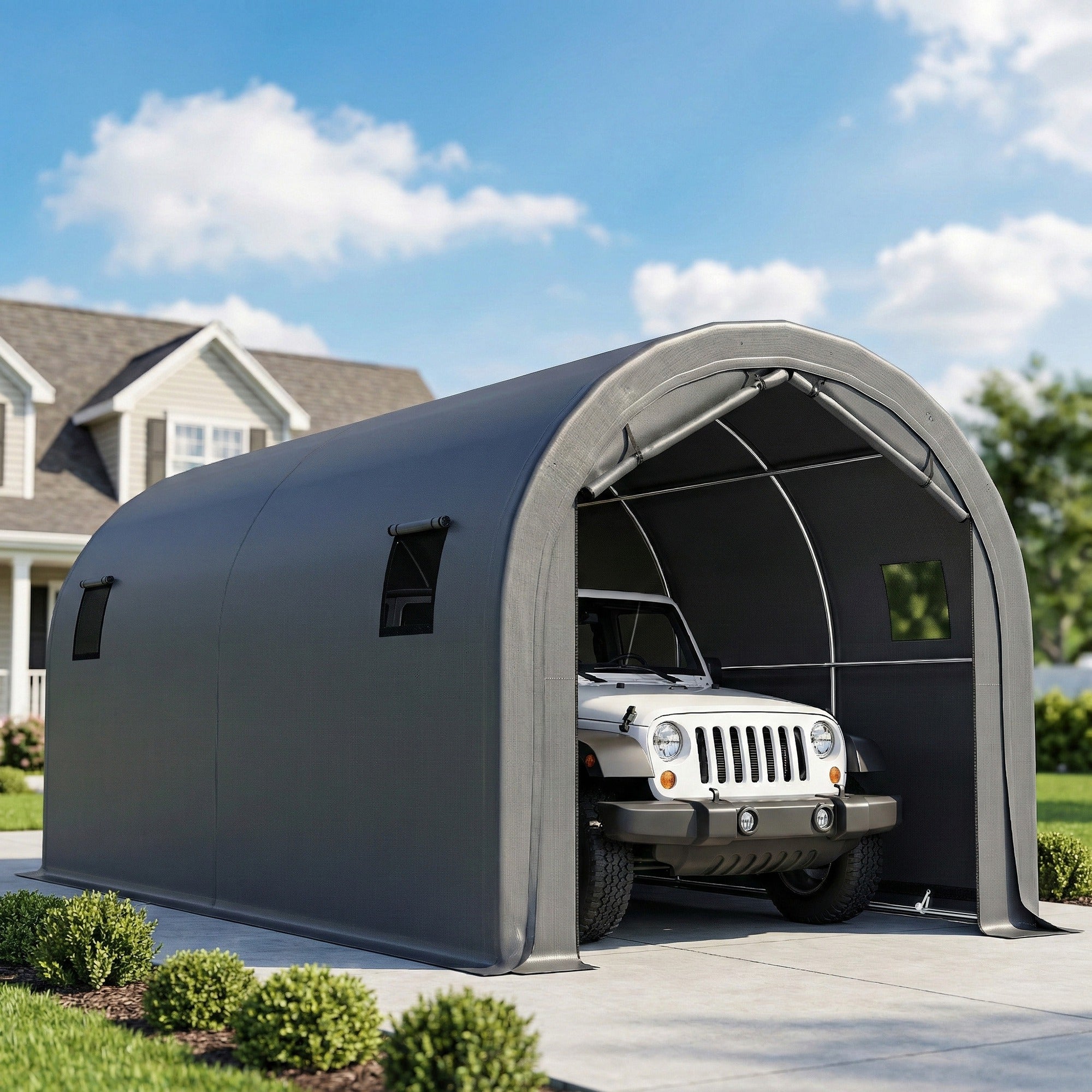 Outsunny Carpa Garaje Portátil 3x6 m, Garaje Exterior para Coche Impermeable con Puerta Enrollable con Cremalleras y 4 Ventanas, Marco Metal Galvanizado, UPF 30+, Cobertizo de Almacenamiento, Gris