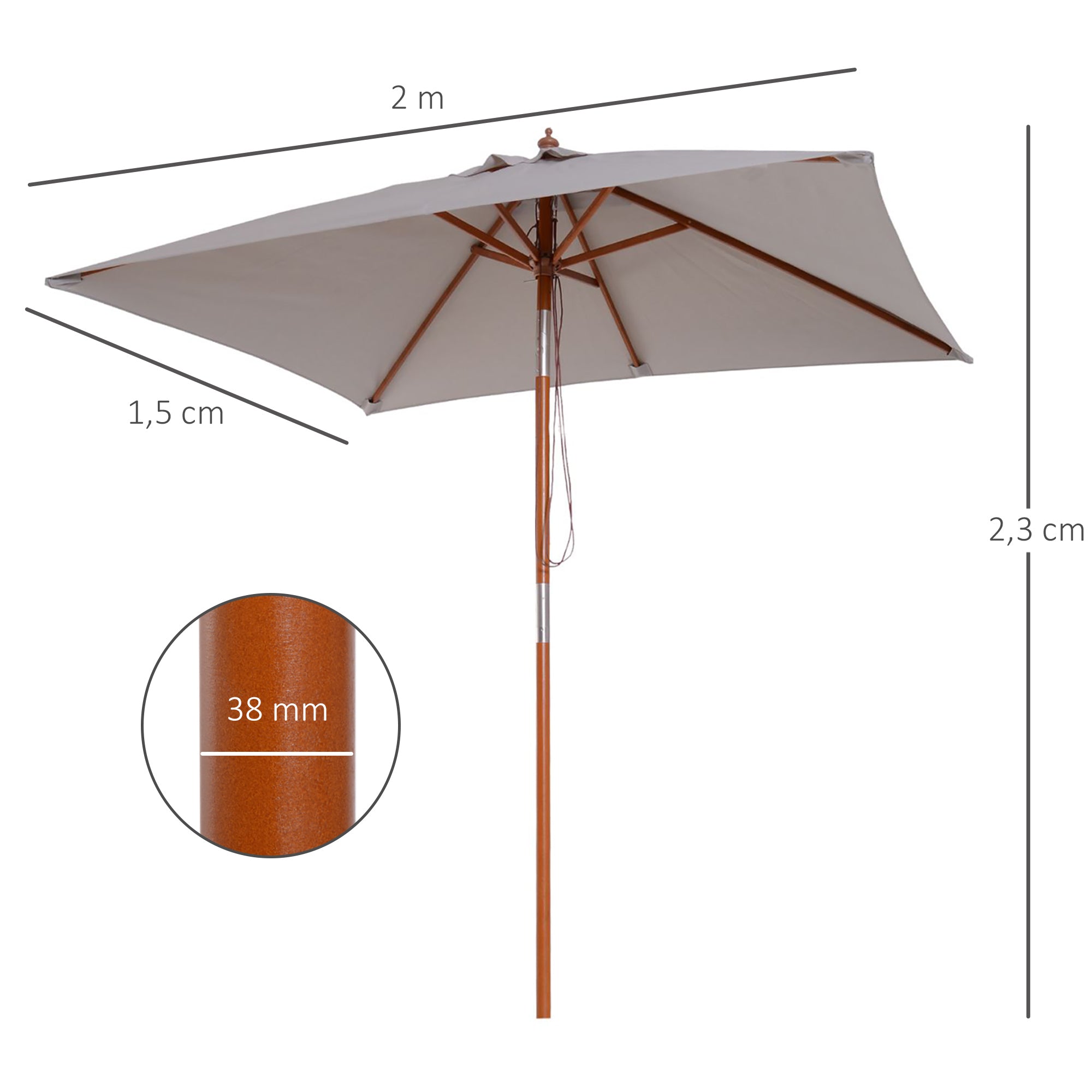 Outsunny Sombrilla Terraza Exterior 200x150 cm Sombrilla de Jardín Rectangular con Ángulo Ajustable Mástil de Madera y Manivela Parasol para Patio Terraza Gris