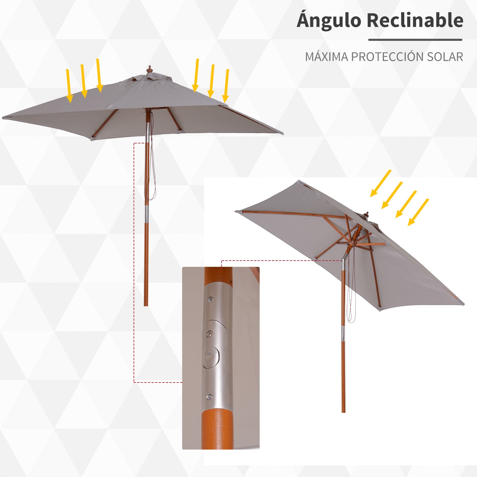 Outsunny Sombrilla Terraza Exterior 200x150 cm Sombrilla de Jardín Rectangular con Ángulo Ajustable Mástil de Madera y Manivela Parasol para Patio Terraza Gris