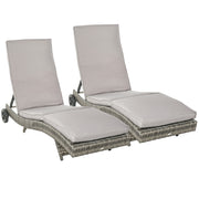 Outsunny Juego de 2 Tumbonas de Ratán Reclinable Tumbonas de Jardín en Forma de S con 2 Ruedas Respaldo Ajustable en 5 Posiciones y Cojín Extraíble para Patio Terraza 207x70x70 cm Gris Claro