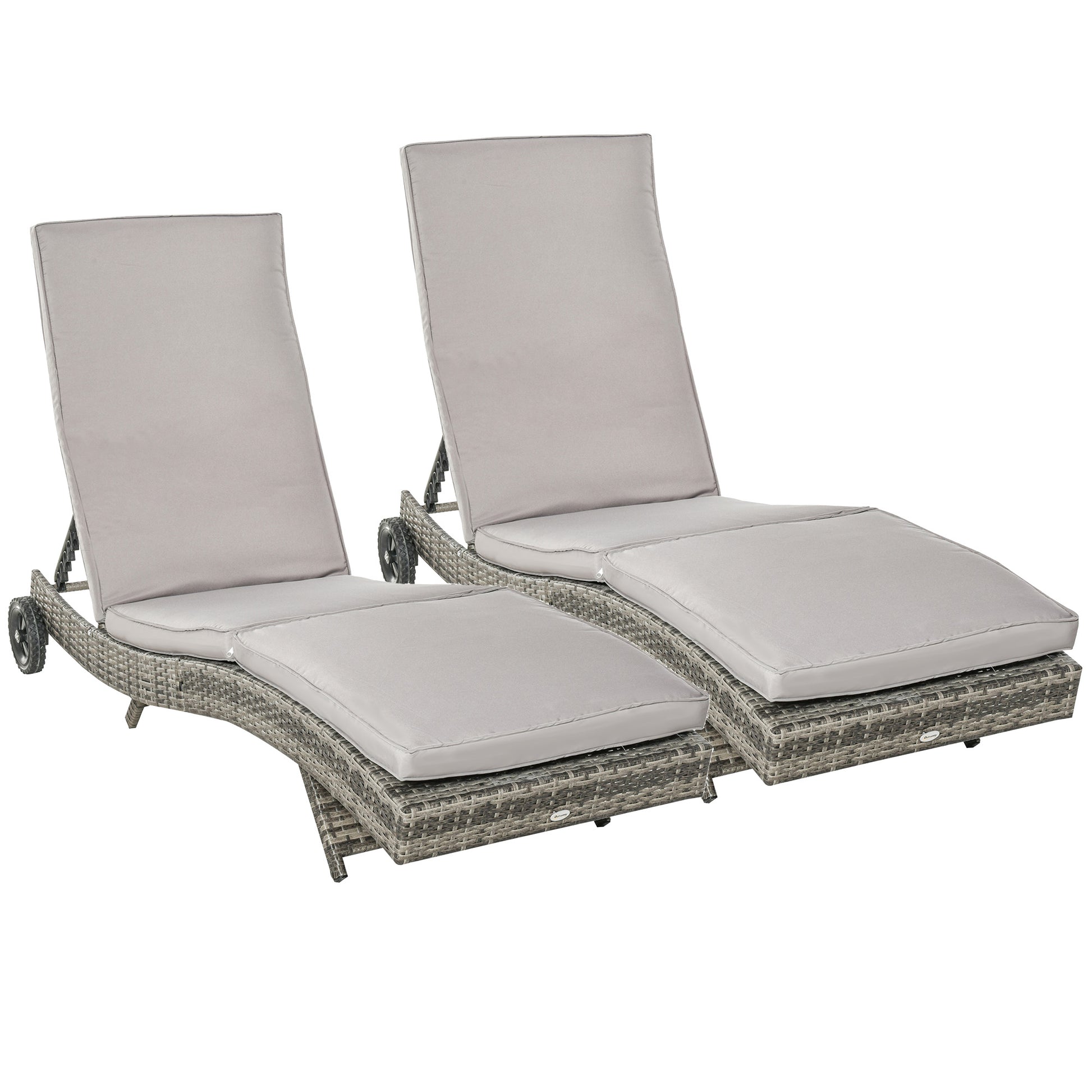 Outsunny Juego de 2 Tumbonas de Ratán Reclinable Tumbonas de Jardín en Forma de S con 2 Ruedas Respaldo Ajustable en 5 Posiciones y Cojín Extraíble para Patio Terraza 207x70x70 cm Gris Claro