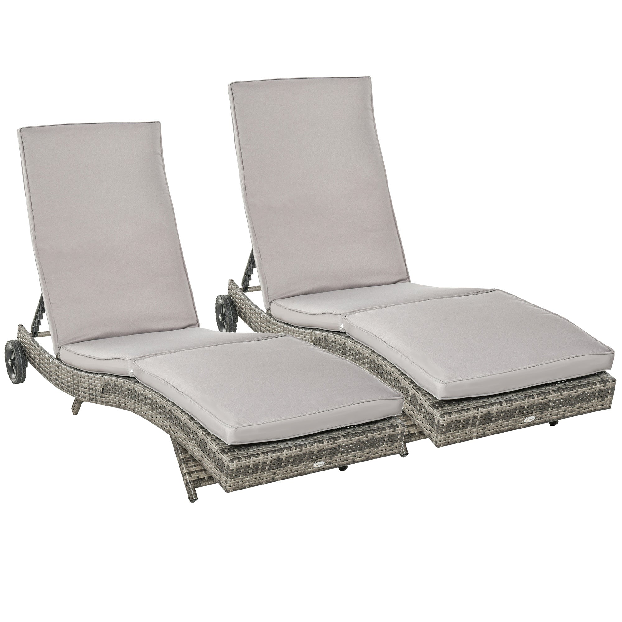 Outsunny Juego de 2 Tumbonas de Ratán Reclinable Tumbonas de Jardín en Forma de S con 2 Ruedas Respaldo Ajustable en 5 Posiciones y Cojín Extraíble para Patio Terraza 207x70x70 cm Gris Claro