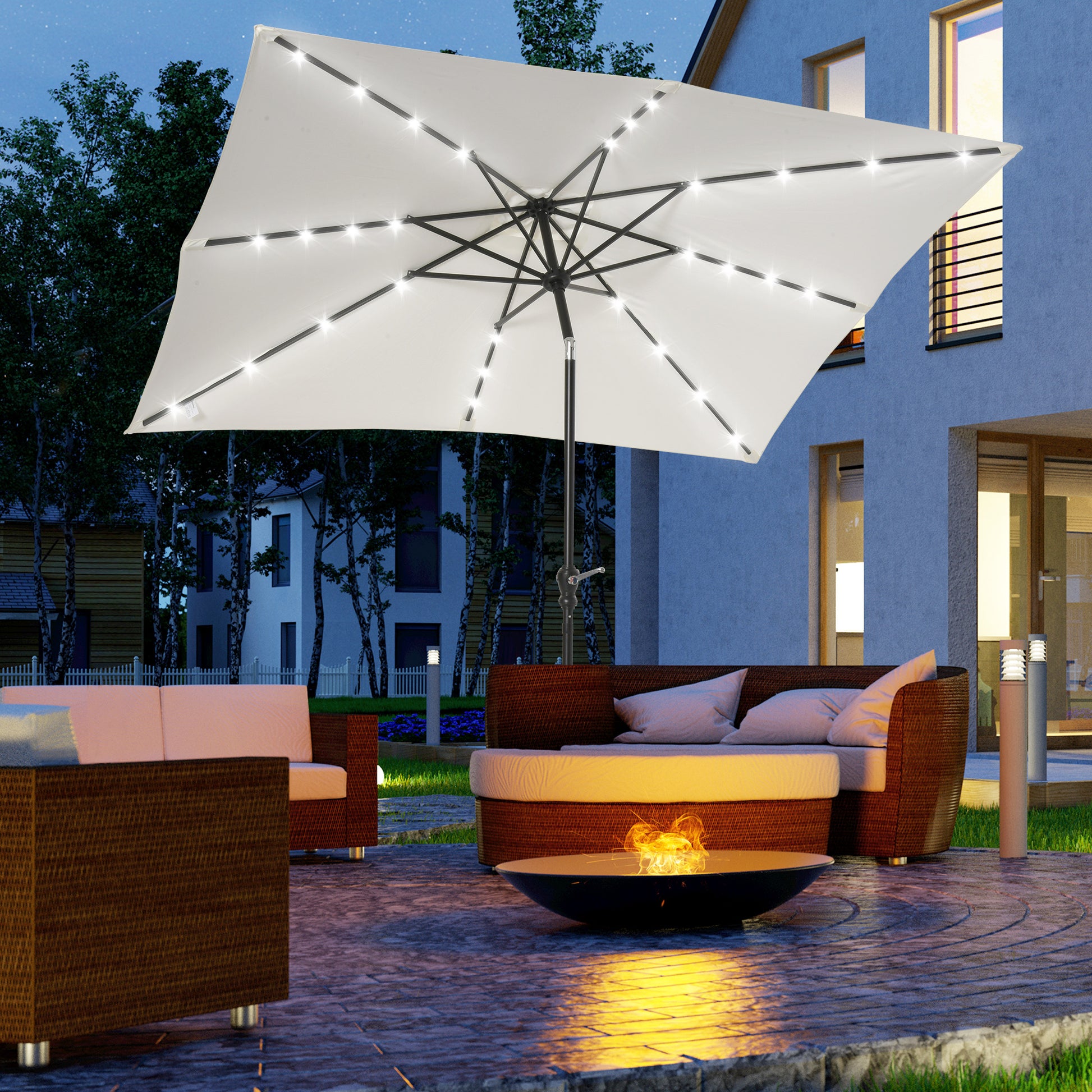 Outsunny Sombrilla Terraza Exterior 268x205x248 cm Sombrilla de Jardín con Techo Inclinable hasta 45° Luces LED Solares Poste de Acero y Manivela Parasol para Patio Terraza Blanco
