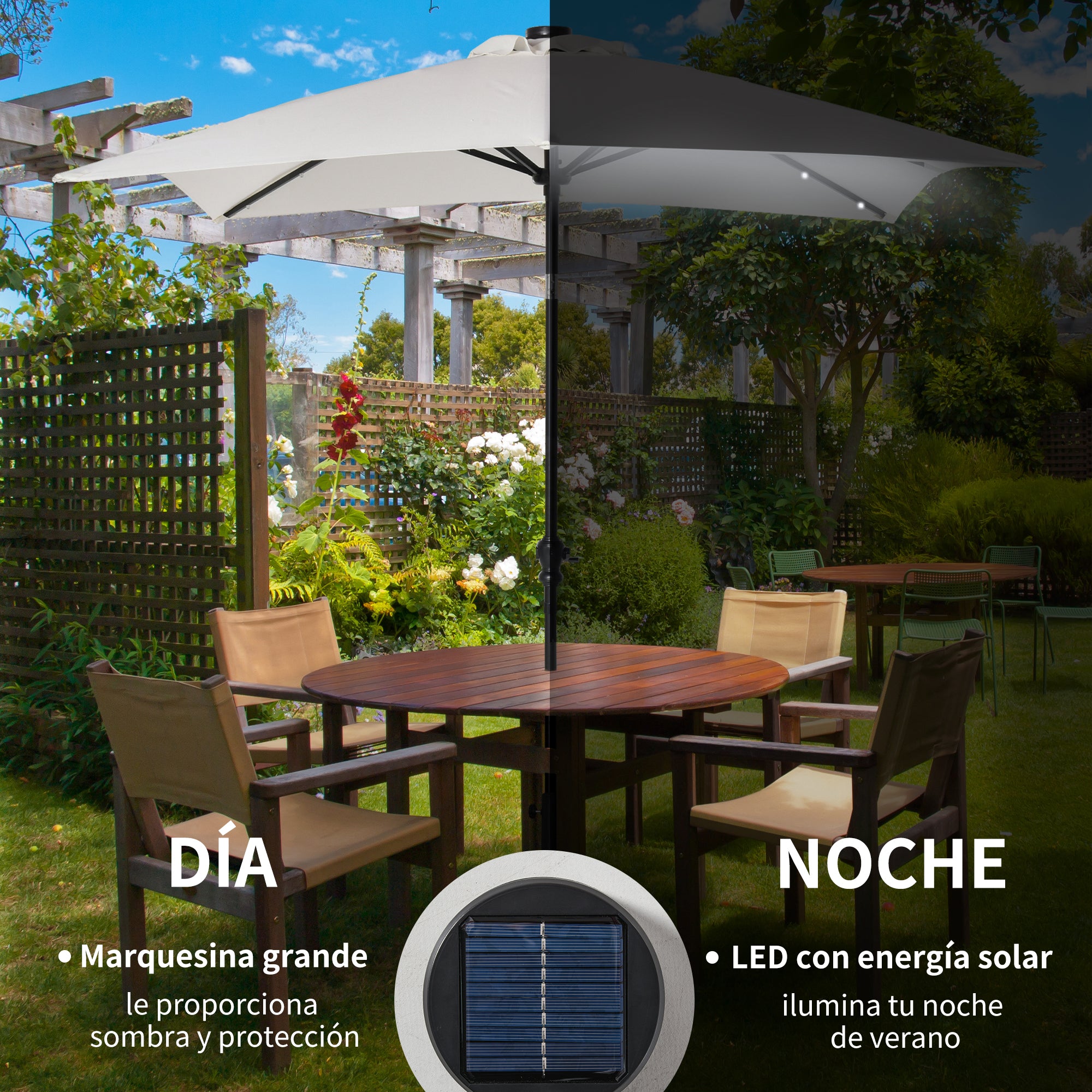 Outsunny Sombrilla Terraza Exterior 268x205x248 cm Sombrilla de Jardín con Techo Inclinable hasta 45° Luces LED Solares Poste de Acero y Manivela Parasol para Patio Terraza Blanco