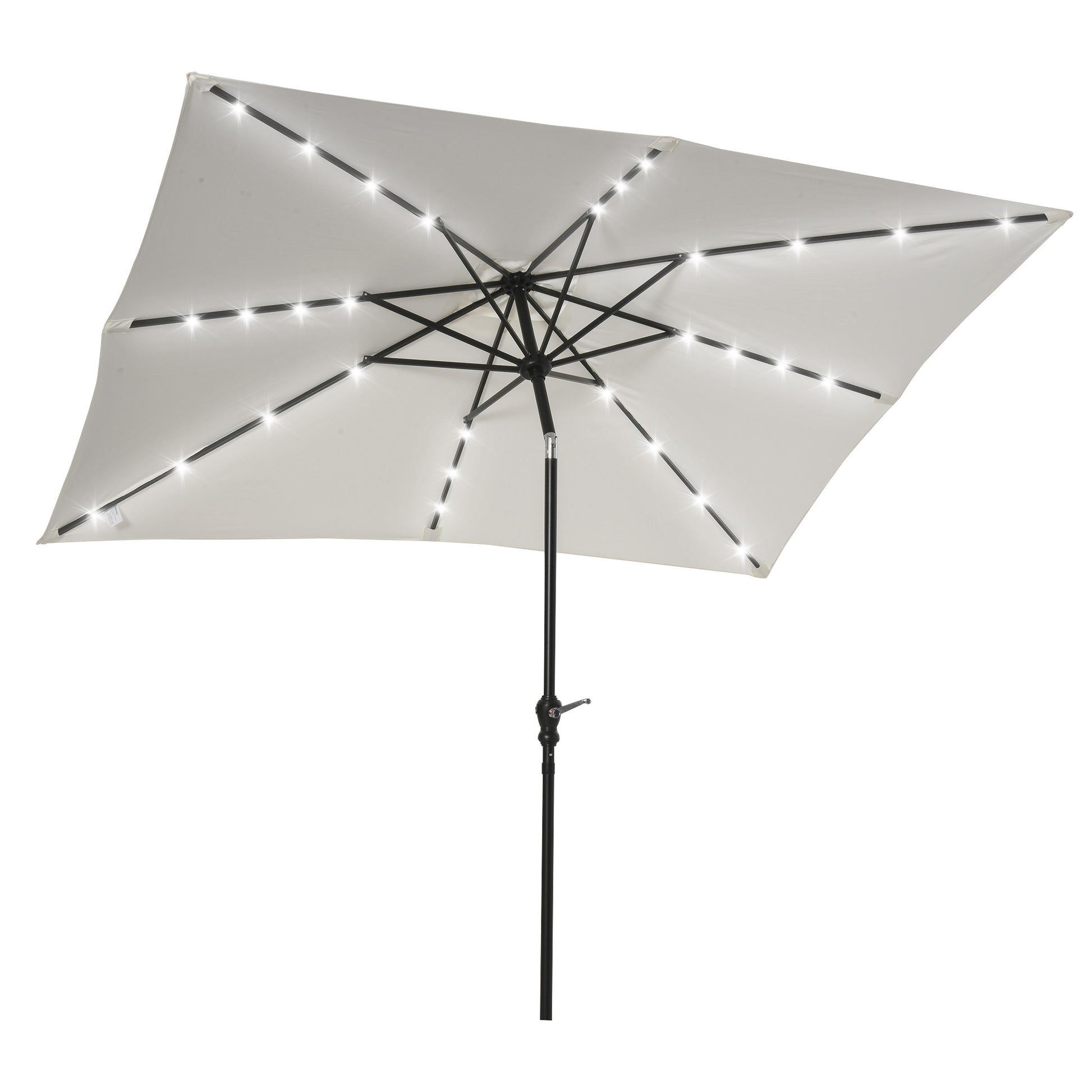 Outsunny Sombrilla Terraza Exterior 268x205x248 cm Sombrilla de Jardín con Techo Inclinable hasta 45° Luces LED Solares Poste de Acero y Manivela Parasol para Patio Terraza Blanco